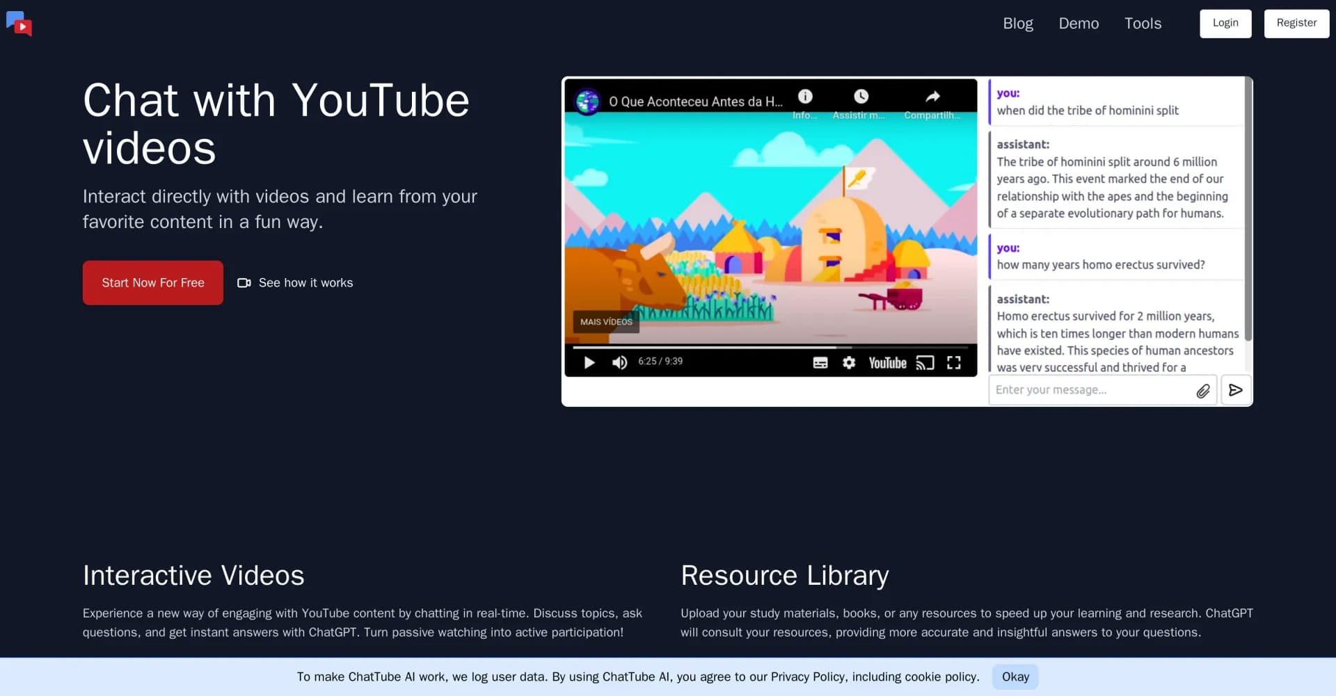 ChatTube AI homepage screenshot — Chat with YouTube videos using AI.
