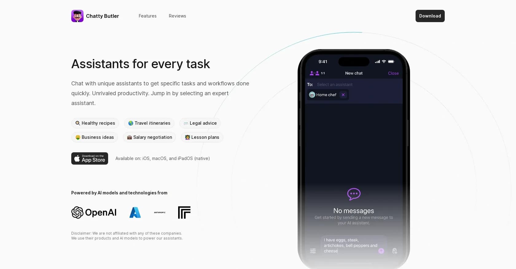 Chatty Butler homepage screenshot — Chat with expert AI assistants for quick task completion.