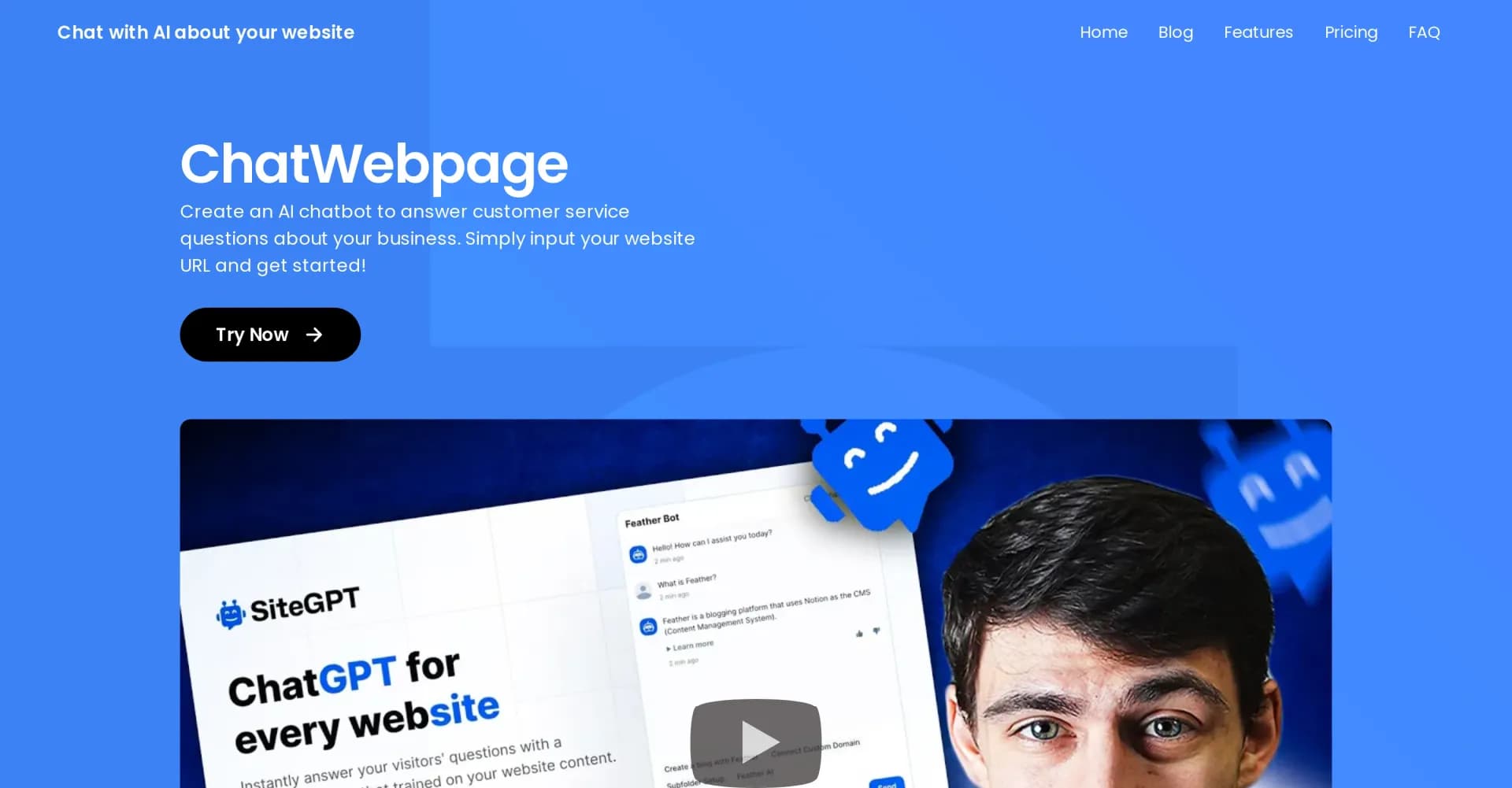 ChatWebpage homepage screenshot — AI chatbot for your website's customer service