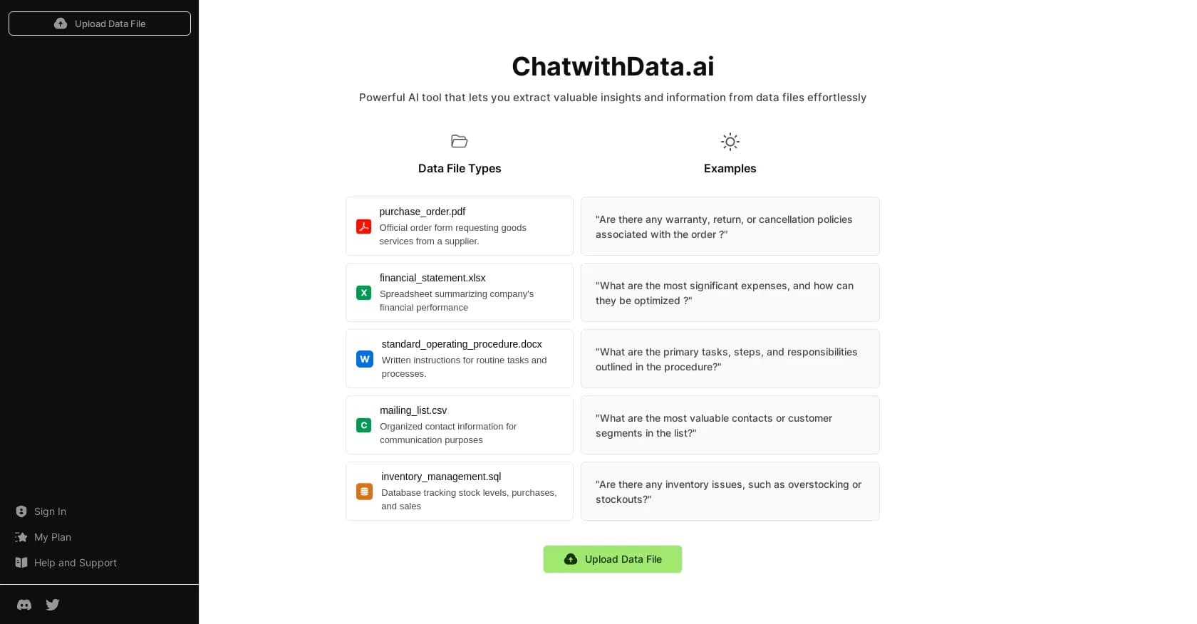 ChatwithData homepage screenshot — Extract insights from data files effortlessly