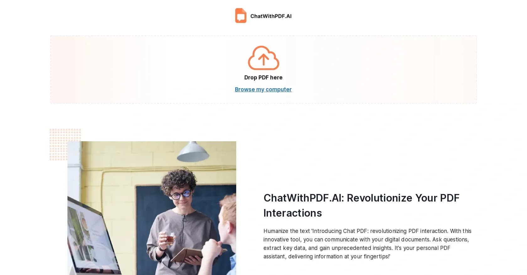 ChatwithpdfAI homepage screenshot — Chat with PDFs using AI for instant insights