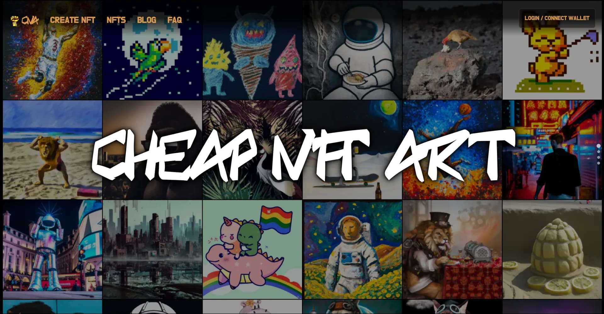Cheap NFT Art homepage screenshot — Create affordable NFTs for everyone.