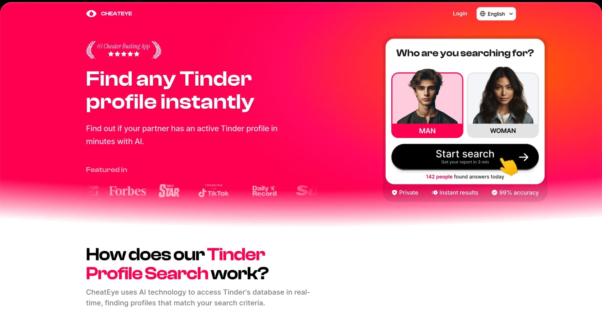 CheatEye homepage screenshot — Uncover hidden Tinder profiles instantly with AI.