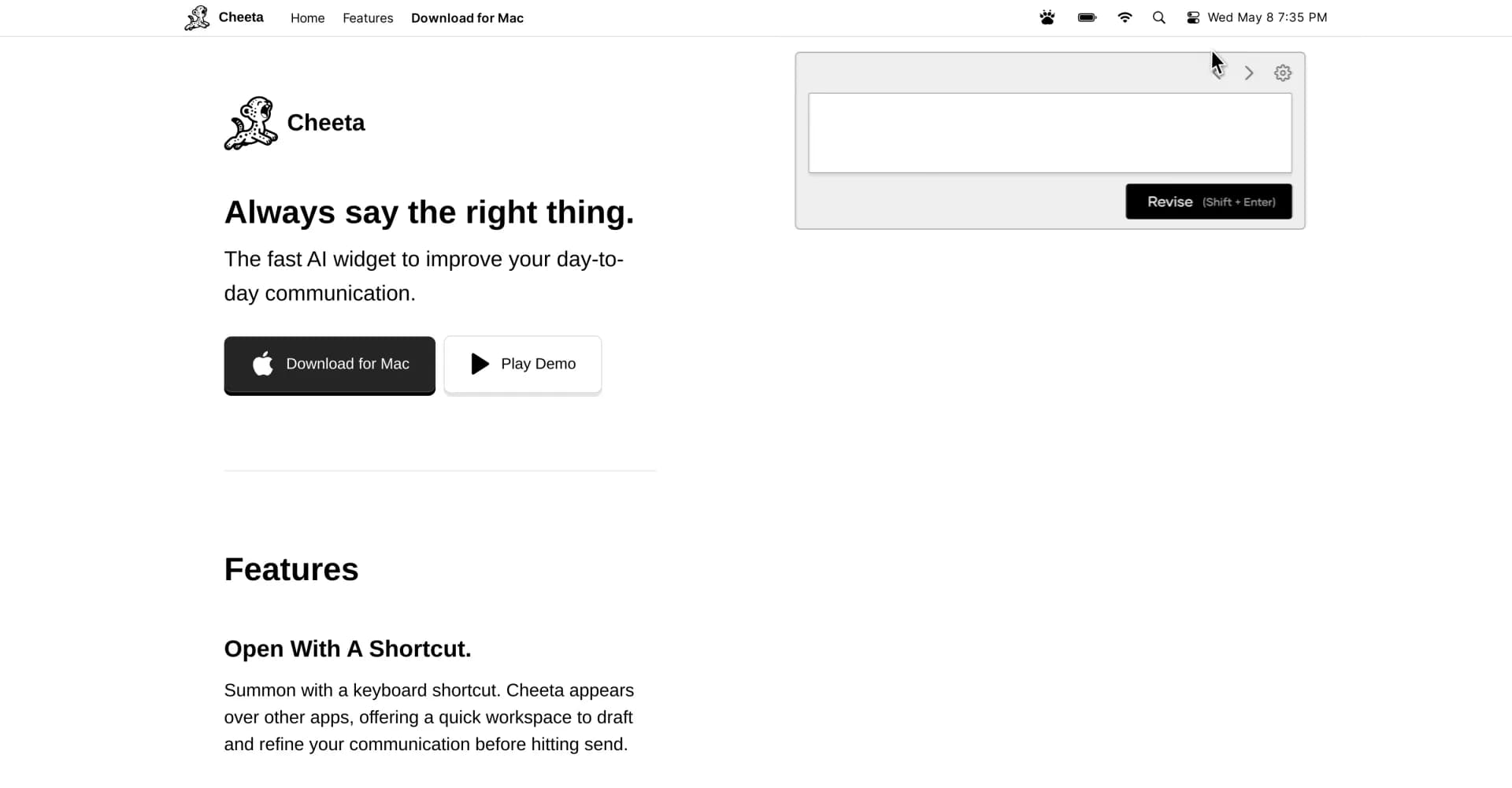 Cheeta homepage screenshot — AI writing widget to improve daily communication.