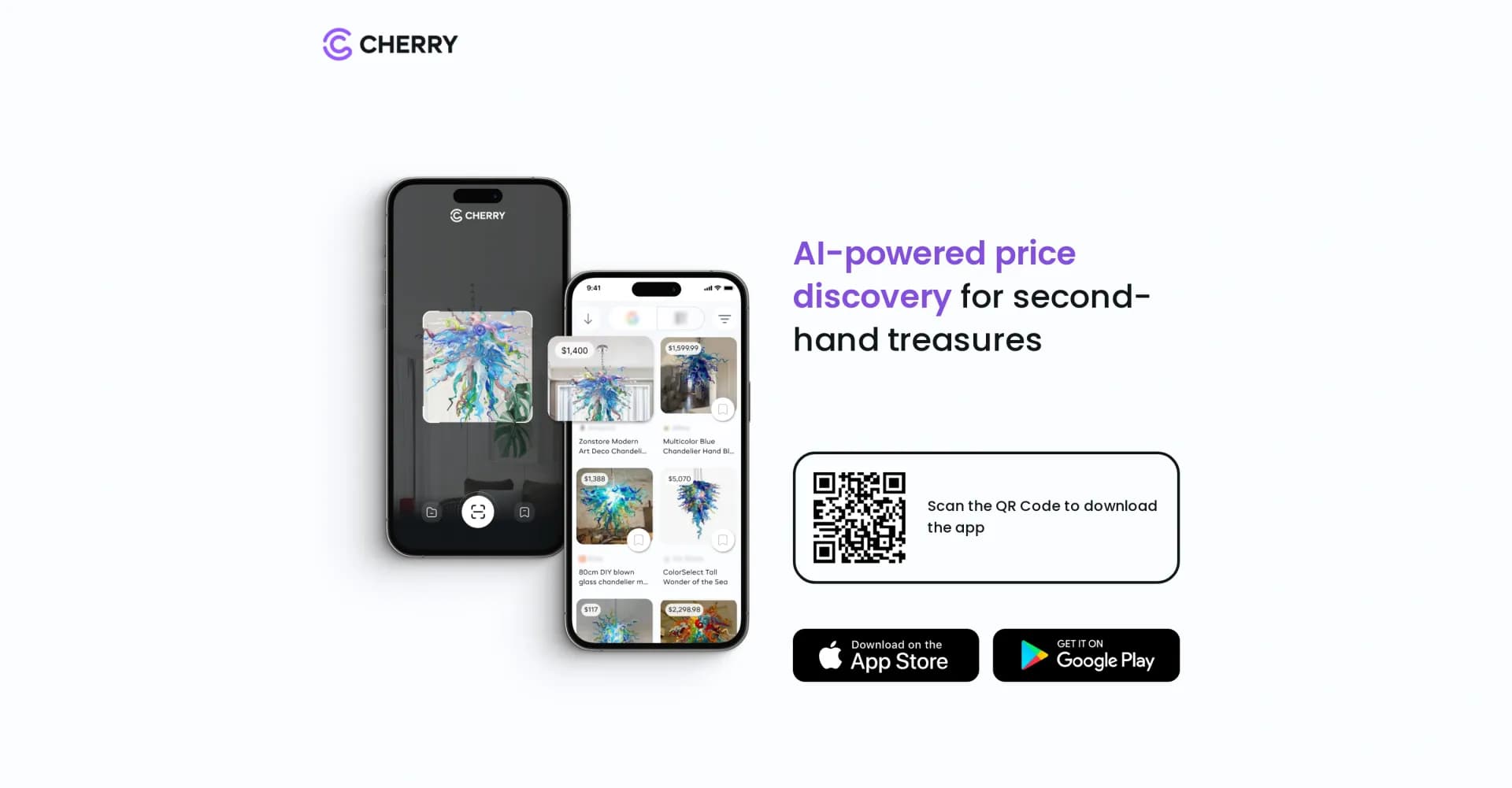 Cherry Search homepage screenshot — AI-powered pricing for second-hand treasures