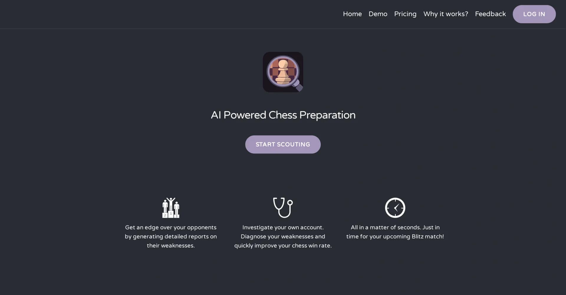 ChessComScout homepage screenshot — Outsmart chess.com opponents with AI-powered insights.