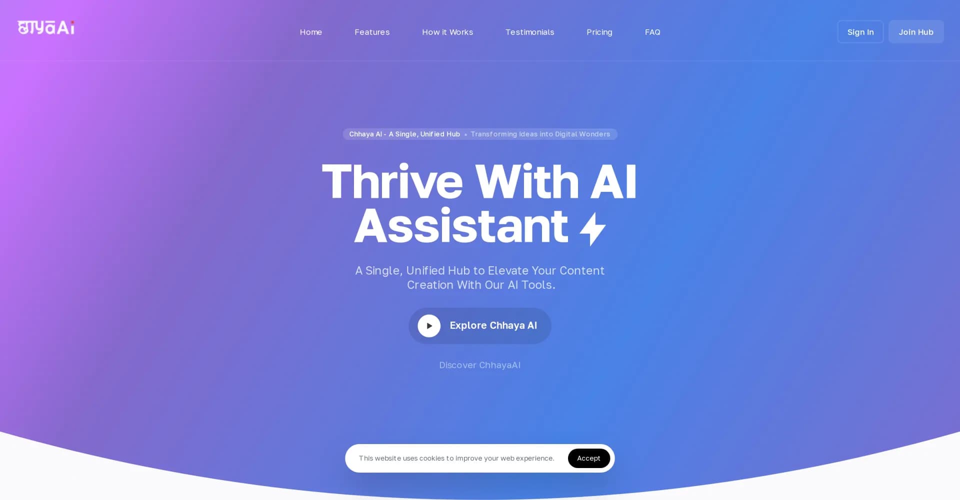 ChhayaAI homepage screenshot — Unified AI hub for content creation and more