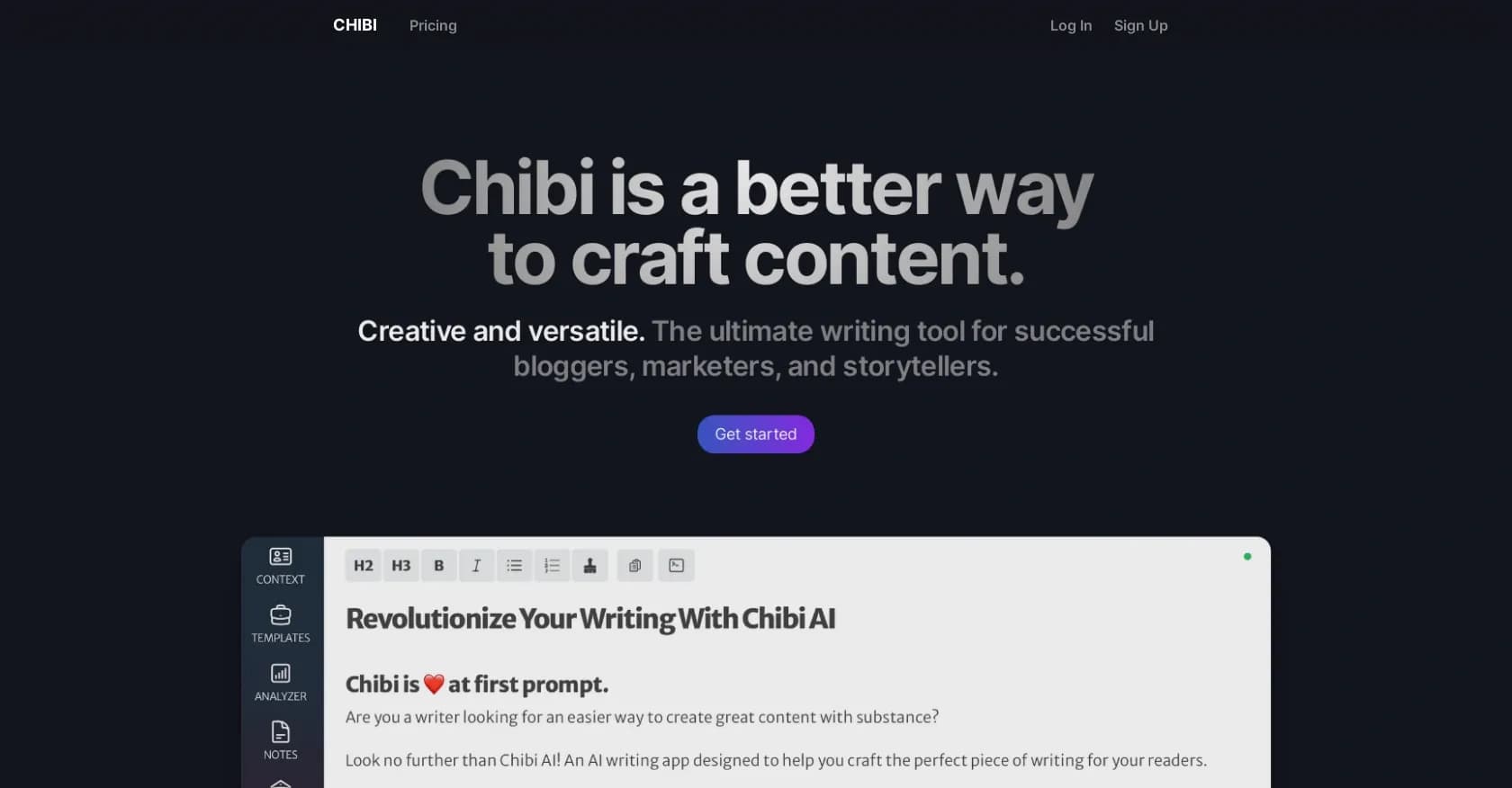 ChibiAI homepage screenshot — Craft quality AI content with substance.