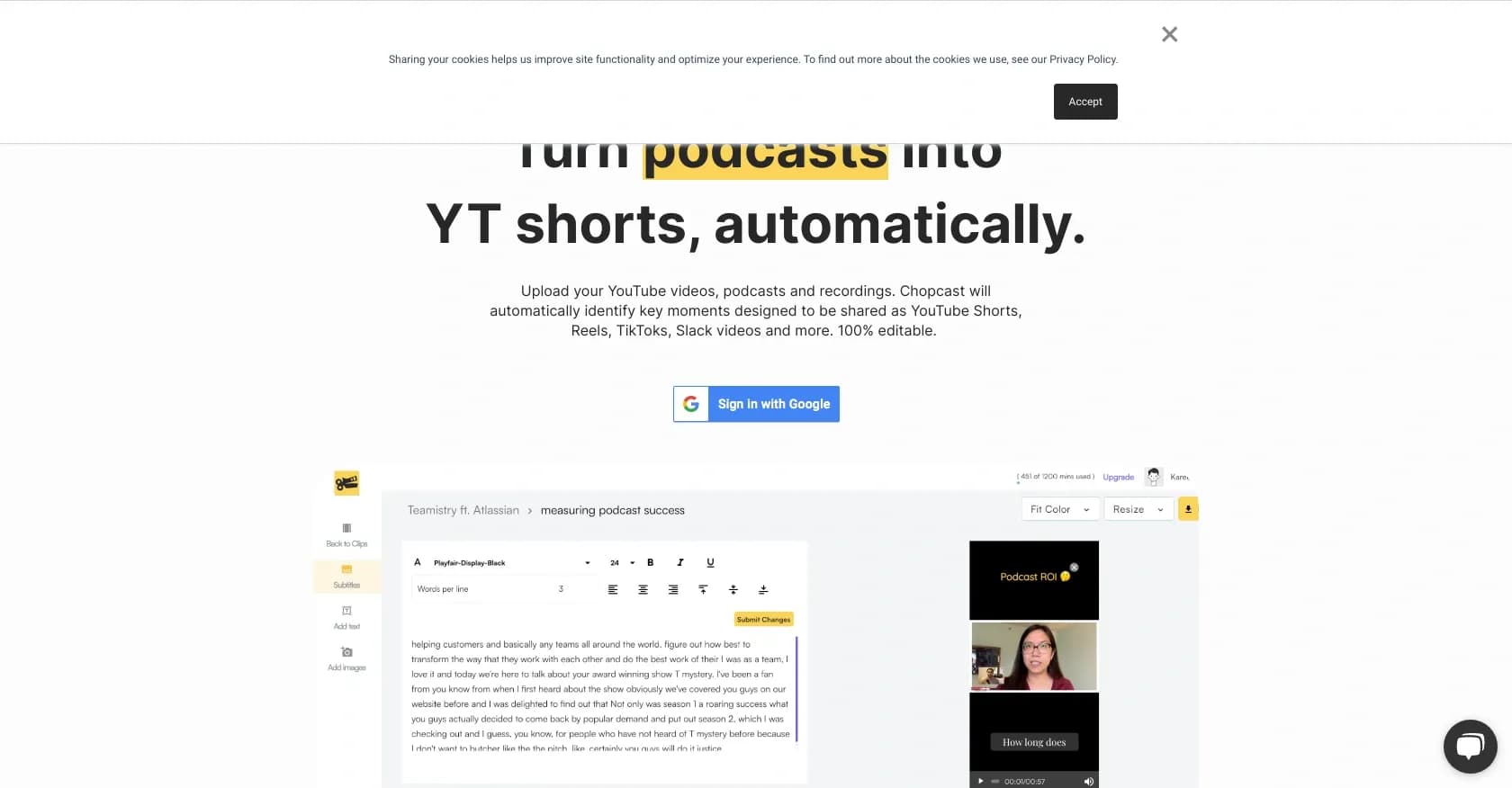 Chopcast homepage screenshot — Turn webinars into viral social media clips.
