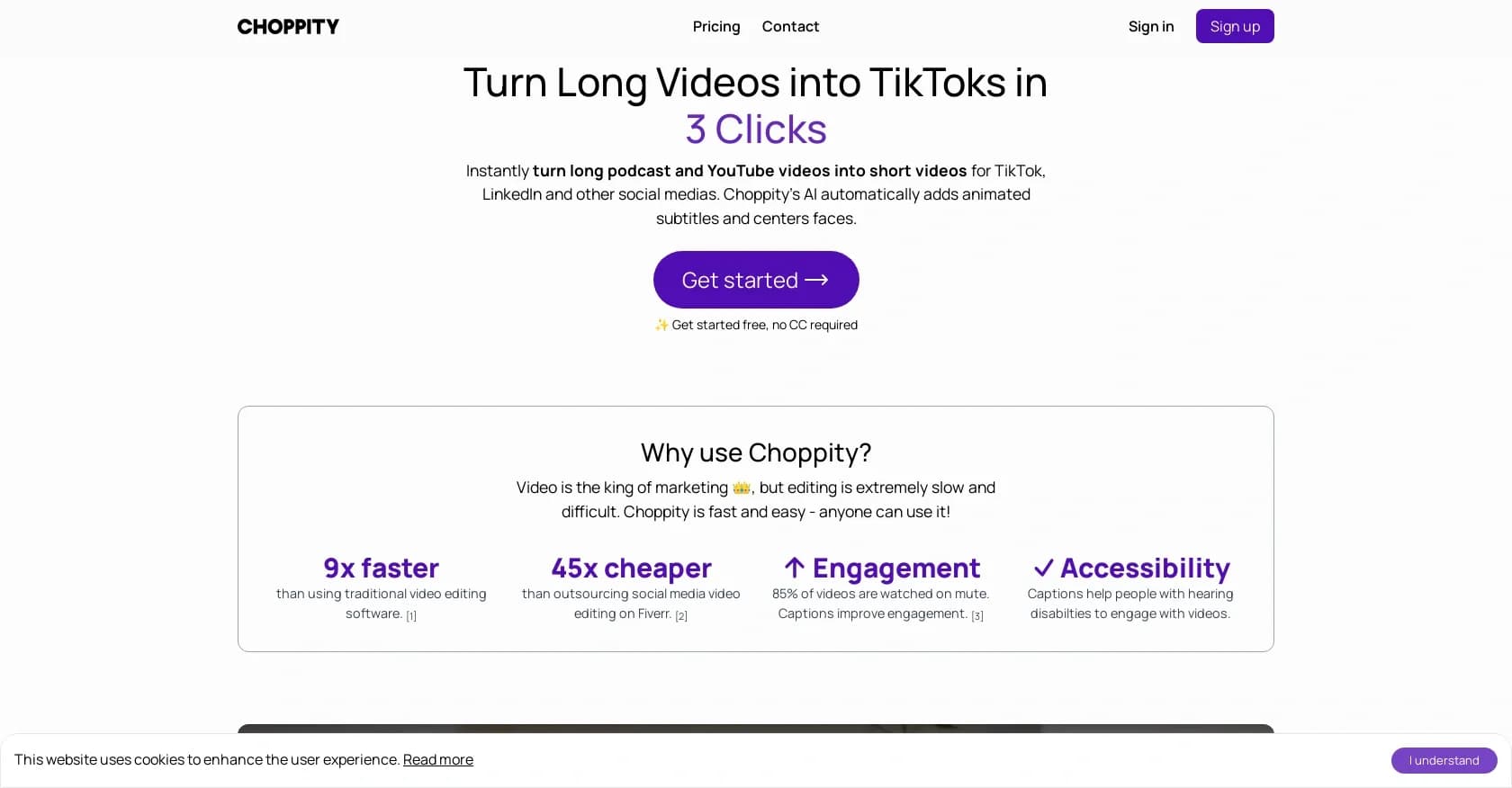 Choppity homepage screenshot — Turn long videos into social shorts in 3 clicks