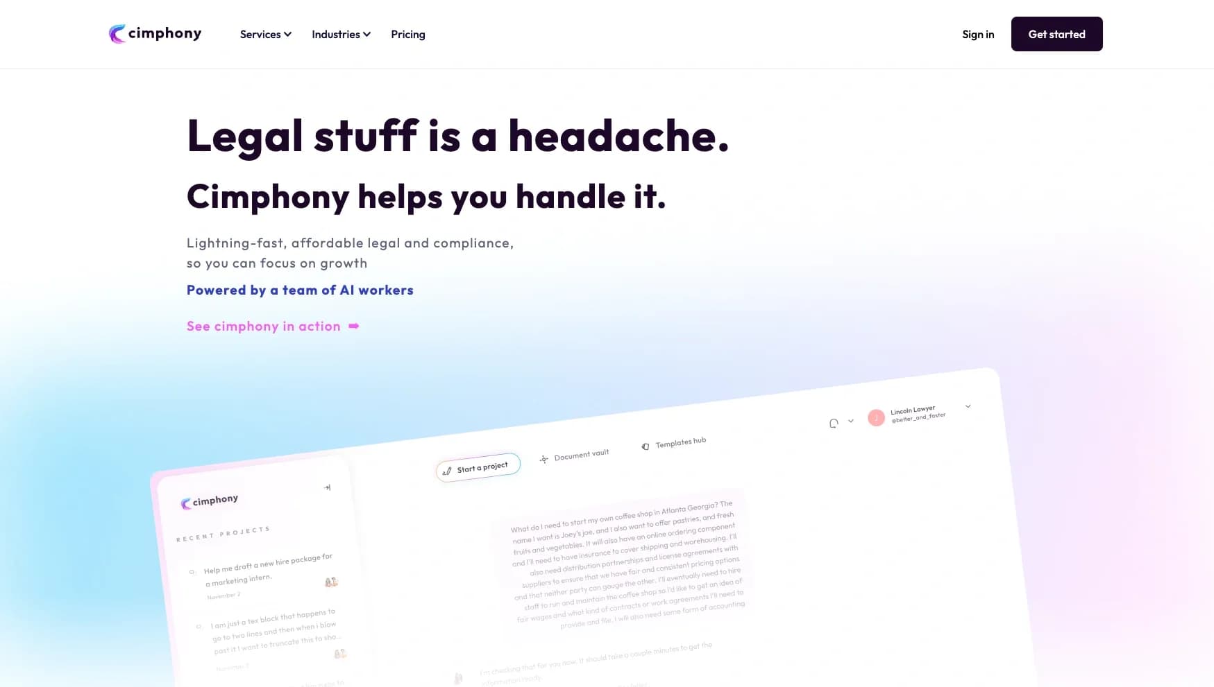 Cimphony AIv2.1.1 homepage screenshot — Legal services, advice, documents drafting, & contracts for 