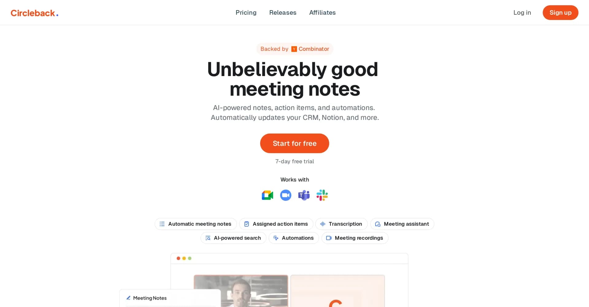 Circleback homepage screenshot — Automated meeting notes that'll blow you away.