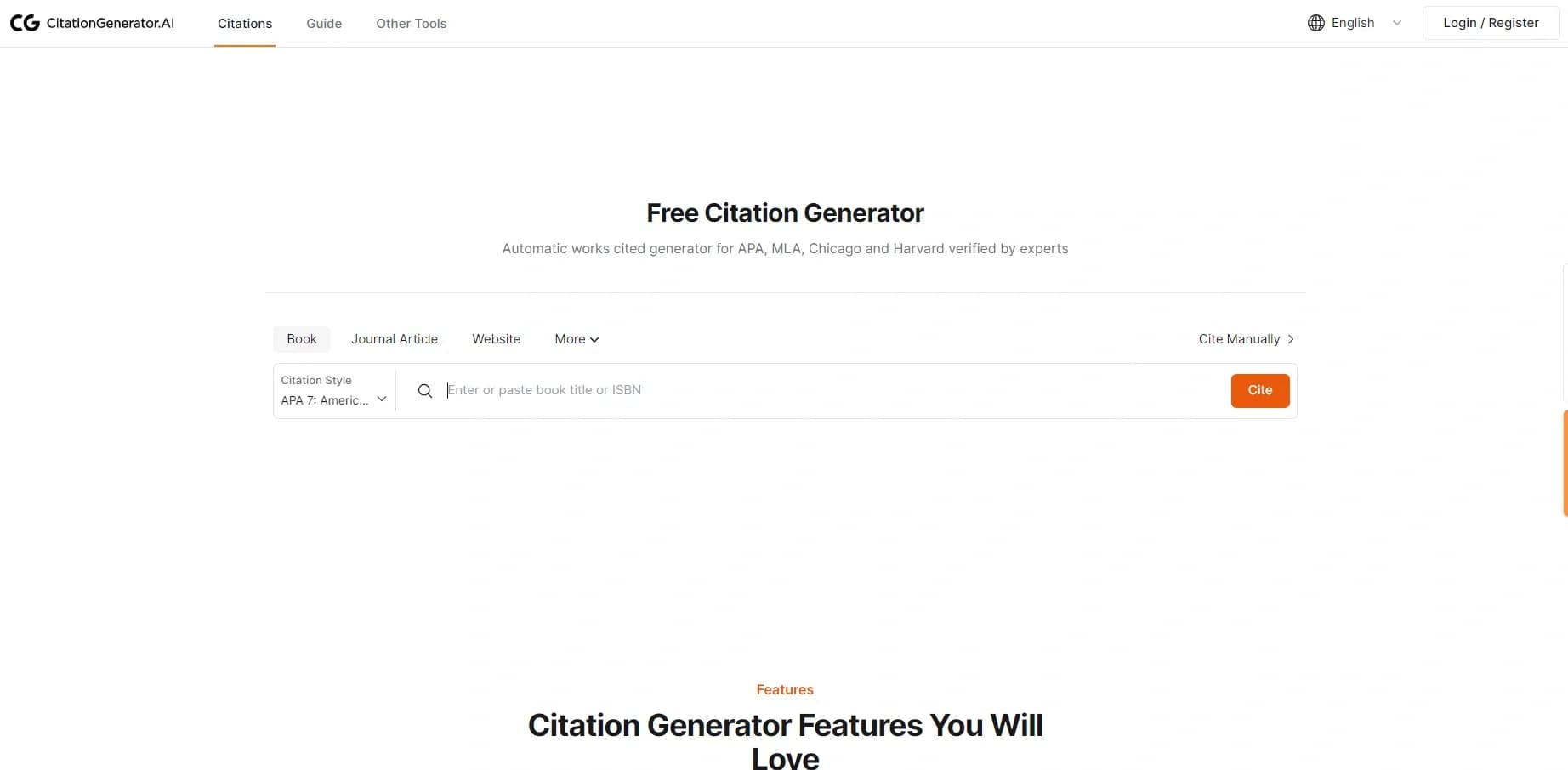 CitationGeneratorAI homepage screenshot — Generate accurate citations instantly in multiple formats