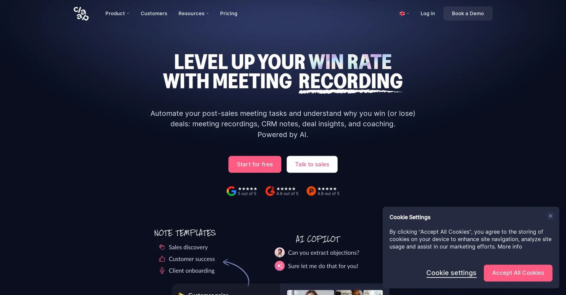 Claap homepage screenshot — Record meetings with AI notes, videos, and best practices.