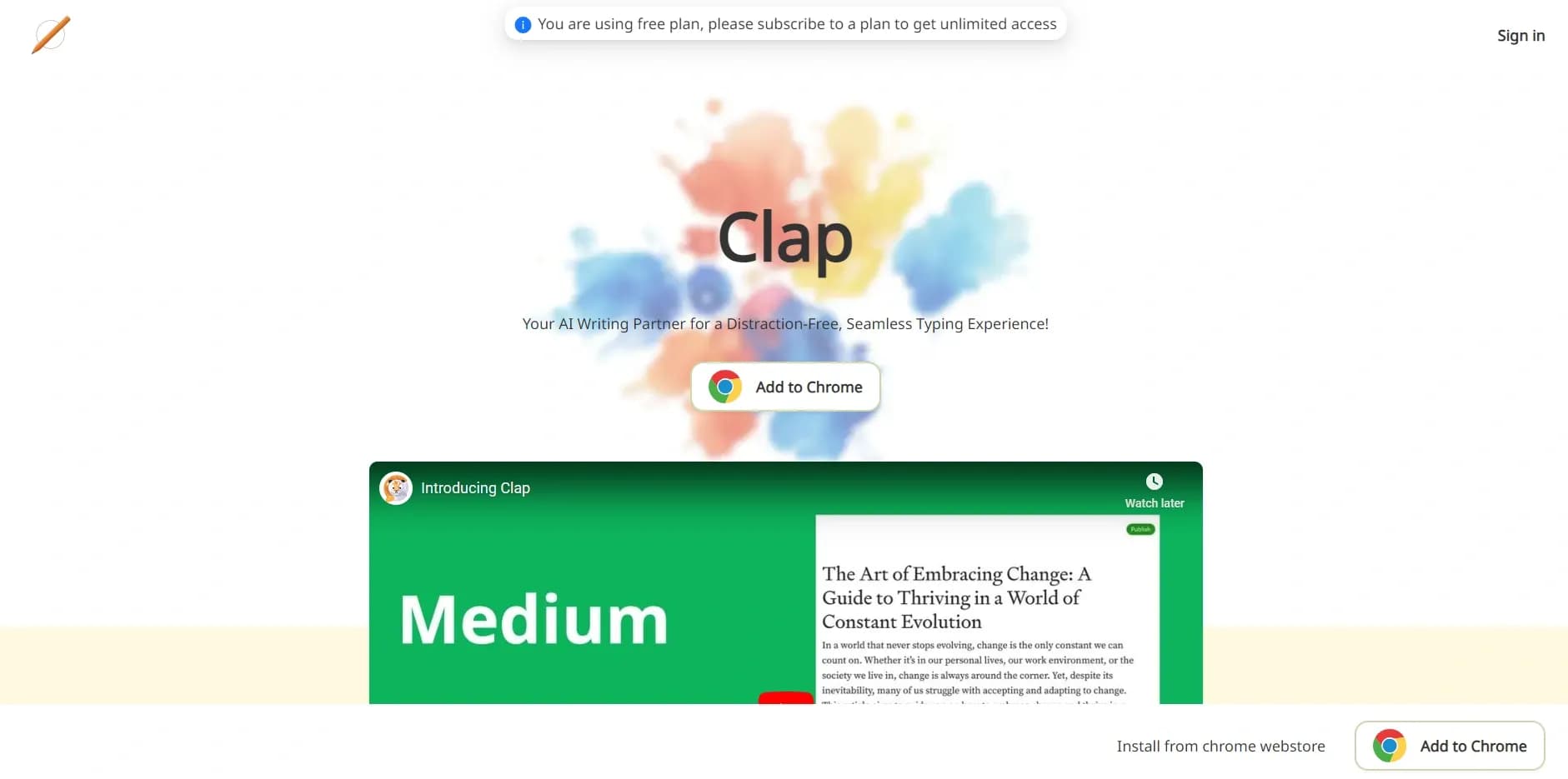 Clap homepage screenshot — AI writing assistant for seamless typing suggestions