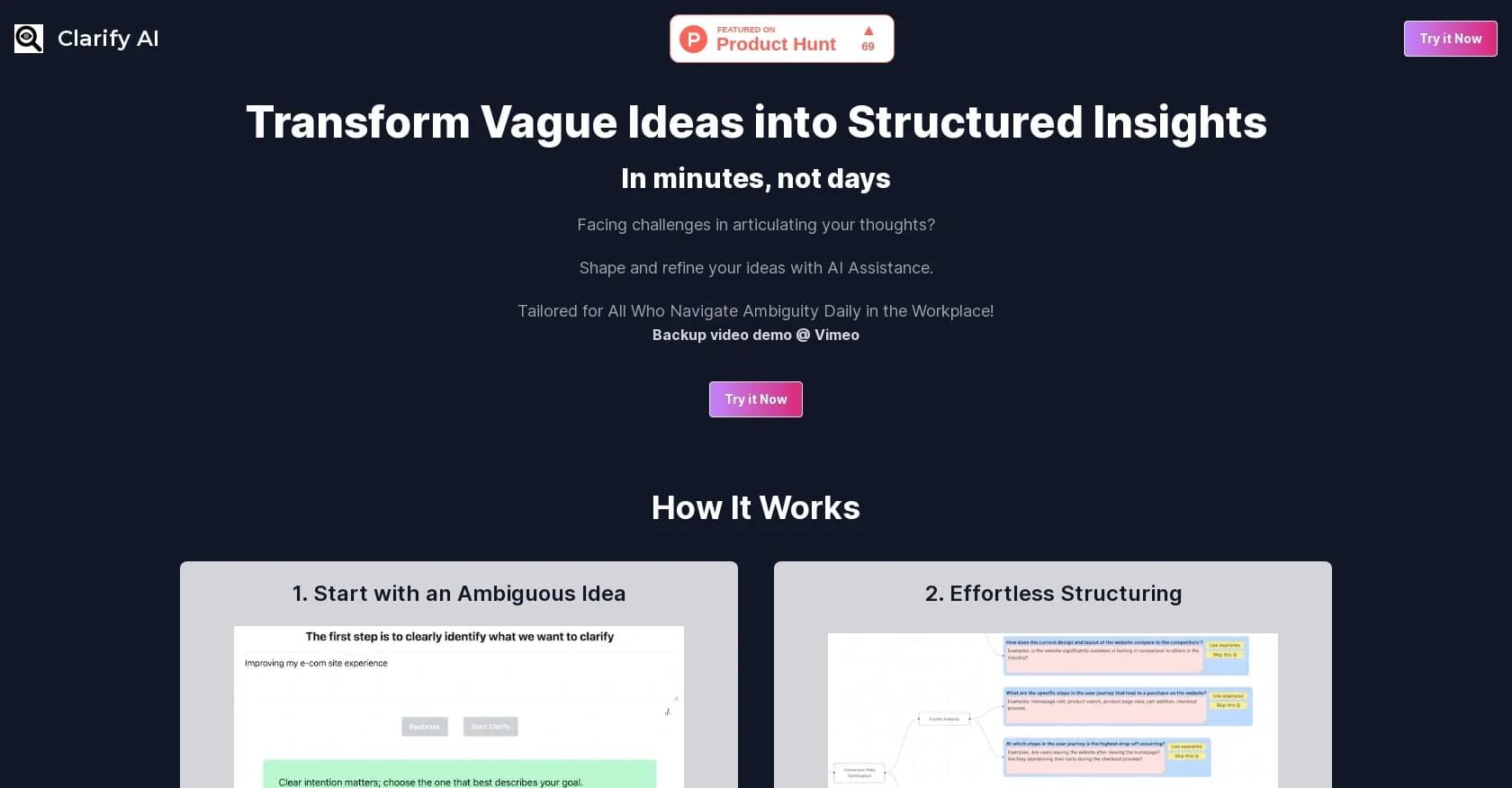 Clarify AI homepage screenshot — Transform vague ideas into structured insights, instantly.