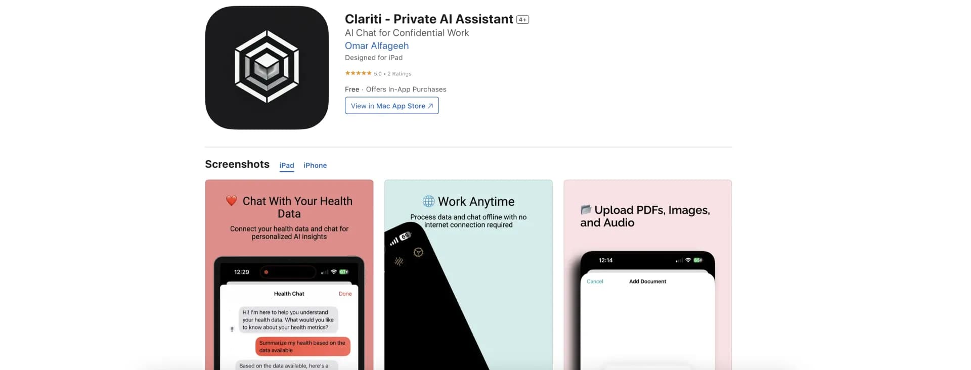 Clariti - Private AI Assistant homepage screenshot — Private AI assistant for sensitive work, offline.