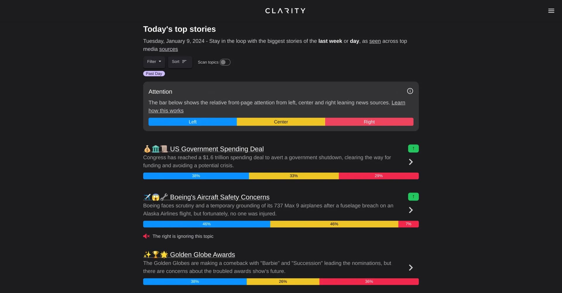ClarityPage homepage screenshot — Breaking news without media bias