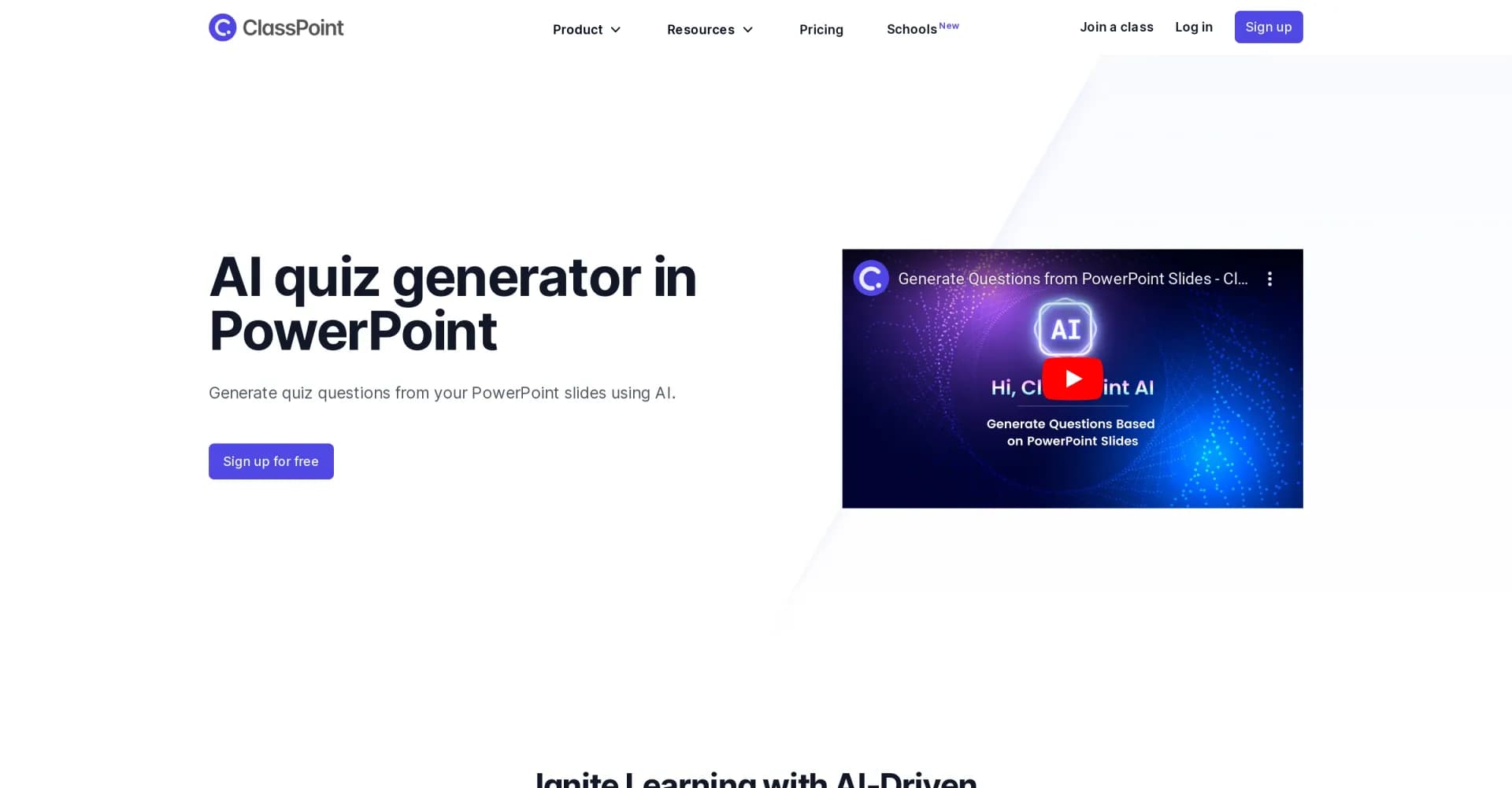 ClassPoint AI homepage screenshot — AI-powered classroom engagement tool