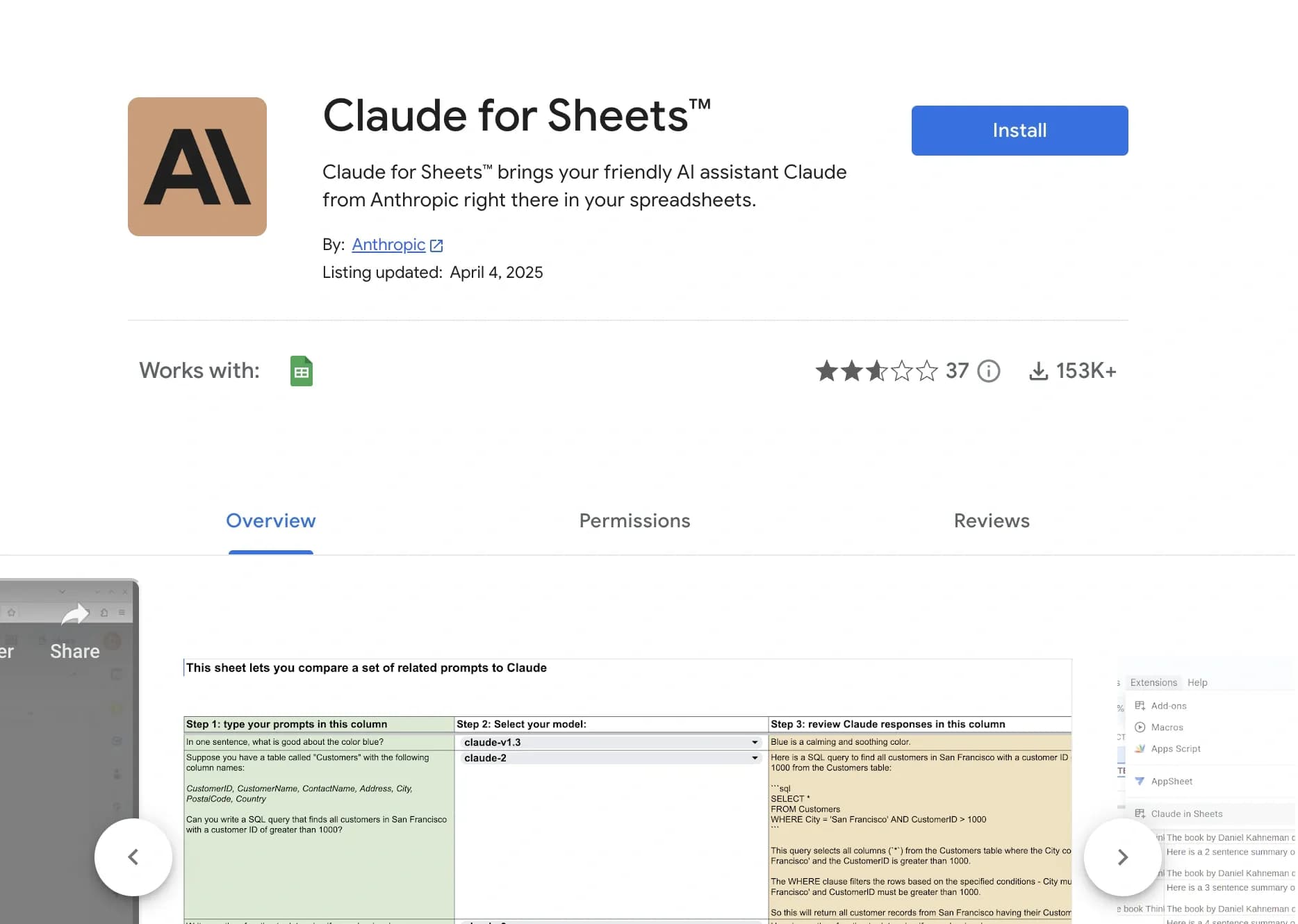 Claude for Sheetsv1.1.0 homepage screenshot — AI assistant Claude in your spreadsheets