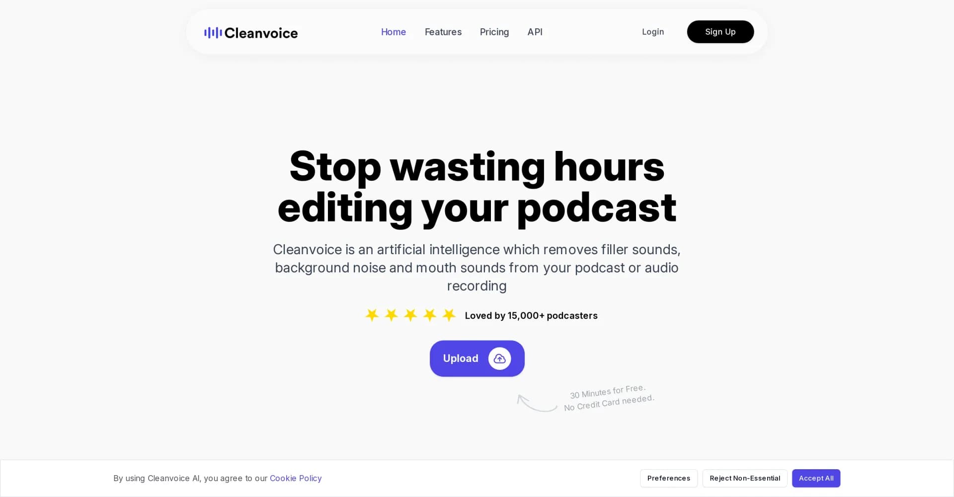 Cleanvoice AI homepage screenshot — Remove filler sounds and polish your audio effortlessly.