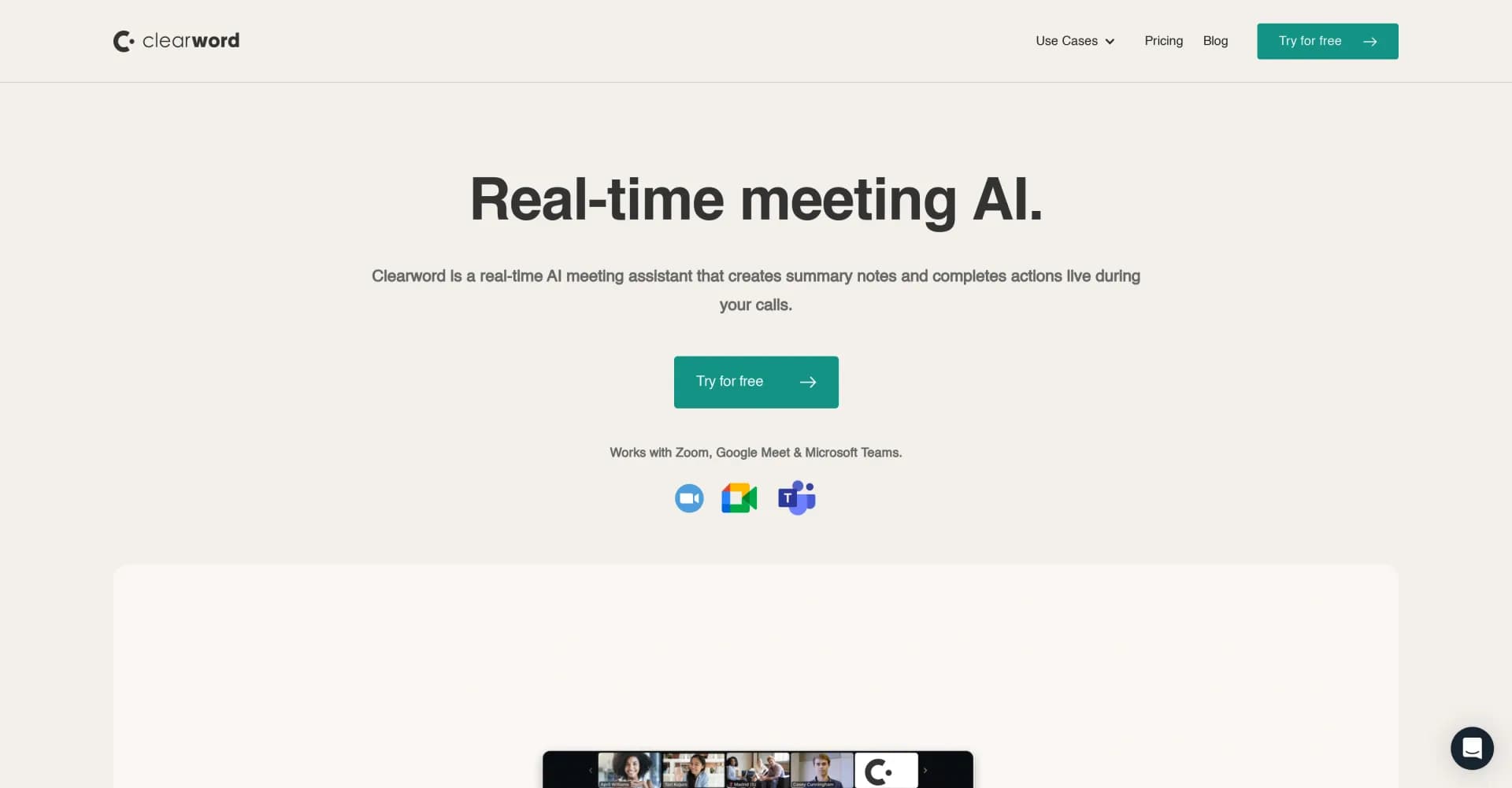 Clearword homepage screenshot — Creating summary notes and actions live in your meetings
