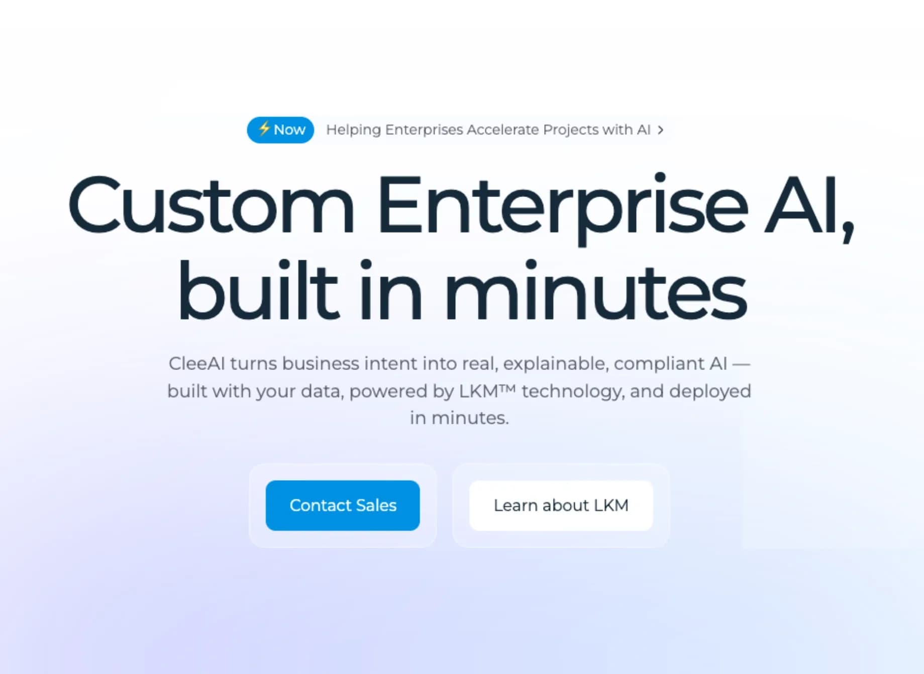 CleeAIv2 homepage screenshot — Custom AI for Enterprise, built in seconds