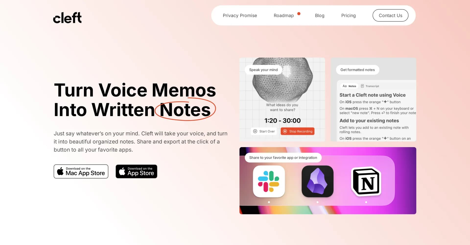 Cleft Notes homepage screenshot — Turn voice memos into organized notes with AI.