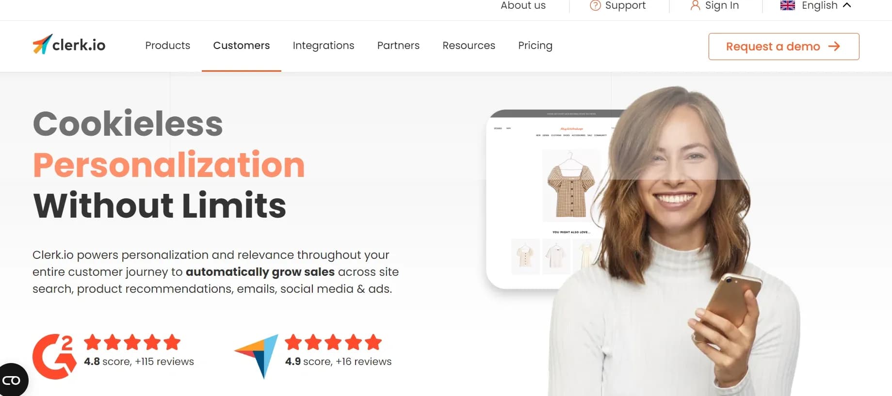 Clerk.io homepage screenshot — Boost sales with personalized ecommerce experiences