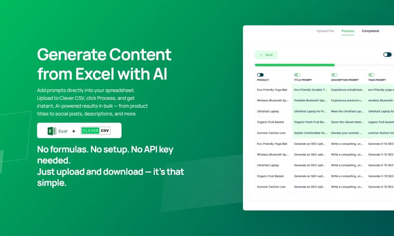 Clever CSV homepage screenshot — AI-powered bulk content creation for Excel, Sheets, and Word