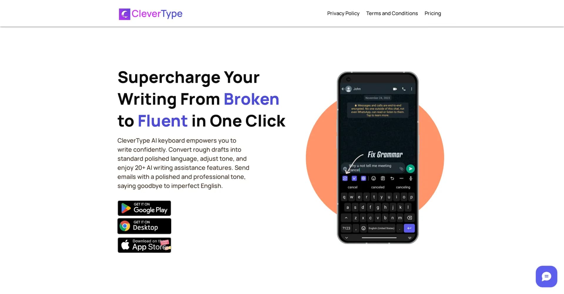 CleverType homepage screenshot — AI keyboard that polishes your writing instantly