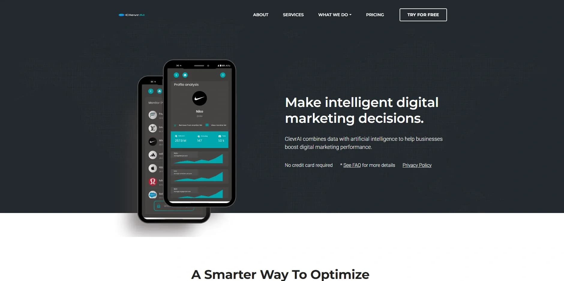 CLEVR AI homepage screenshot — Make intelligent digital marketing decisions with AI.