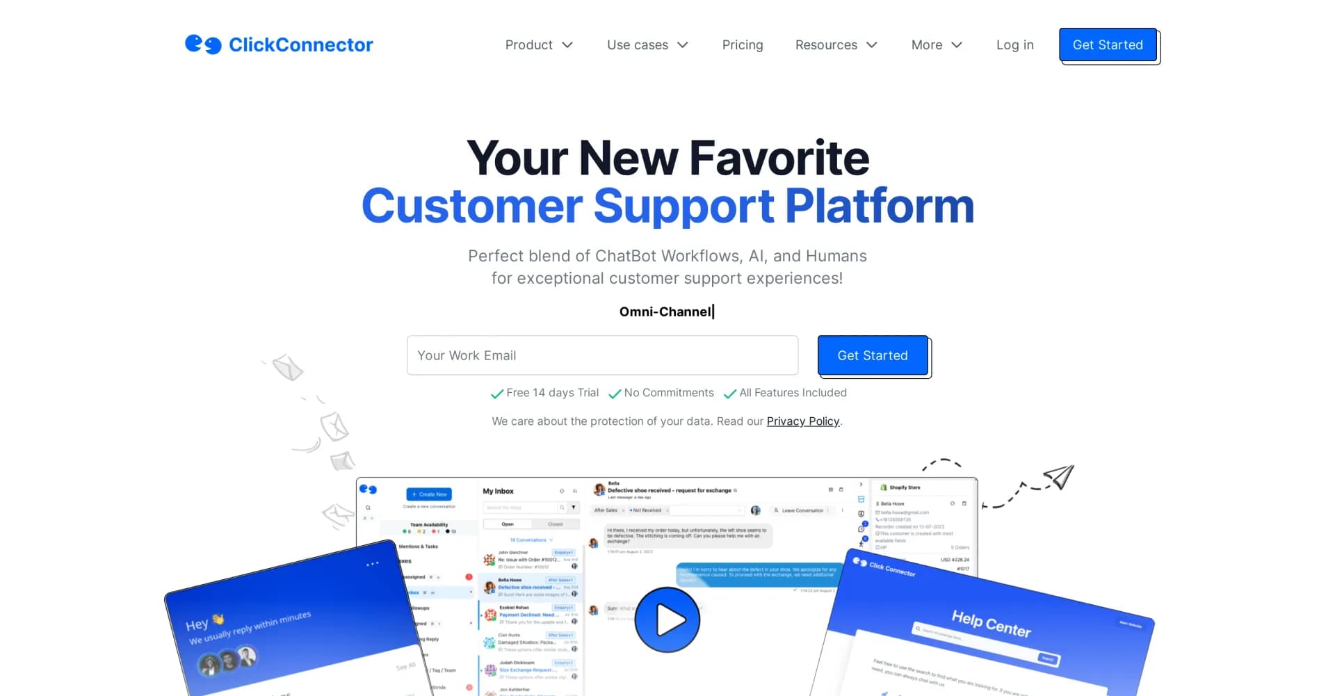 Click Connector homepage screenshot — AI-powered support for seamless customer service