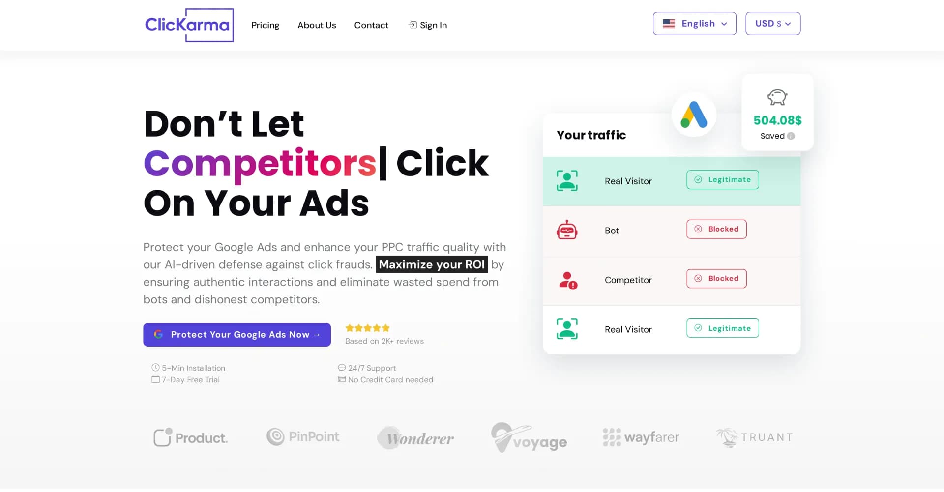 ClicKarma homepage screenshot — AI-driven defense against click fraud for Google Ads