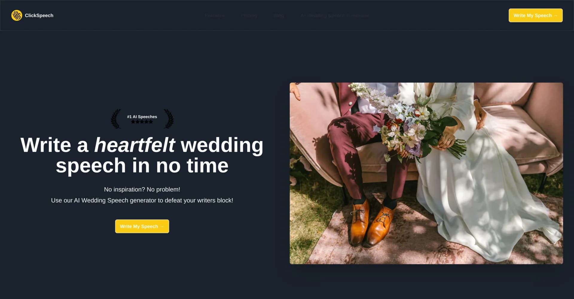 ClickSpeech homepage screenshot — Craft heartfelt wedding speeches with AI