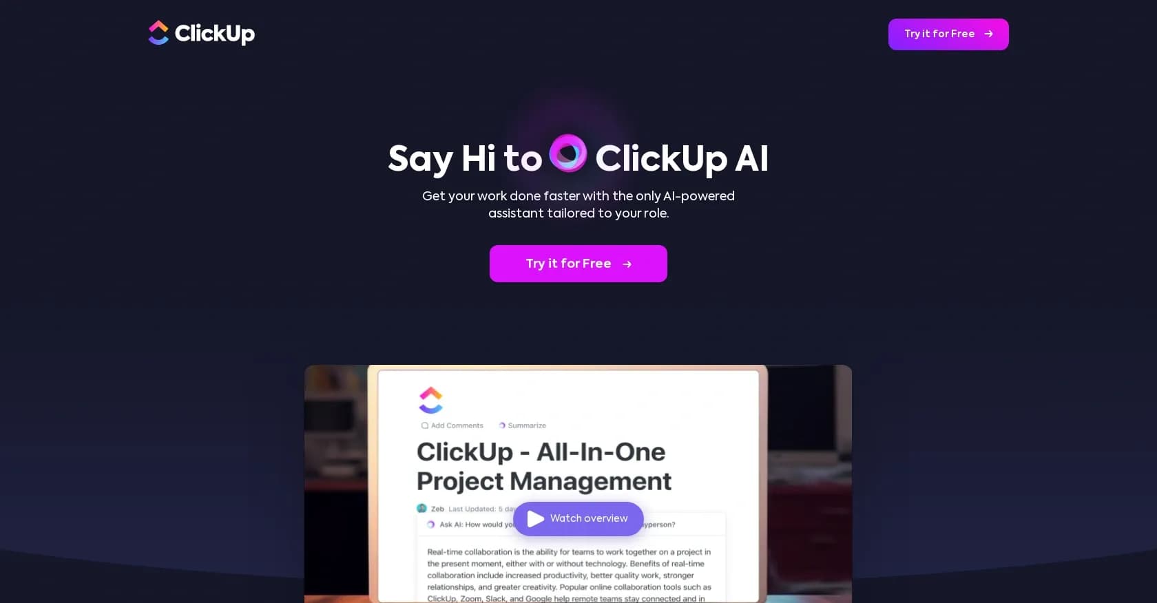 Clickup homepage screenshot — Supercharge productivity with AI tailored to your role.