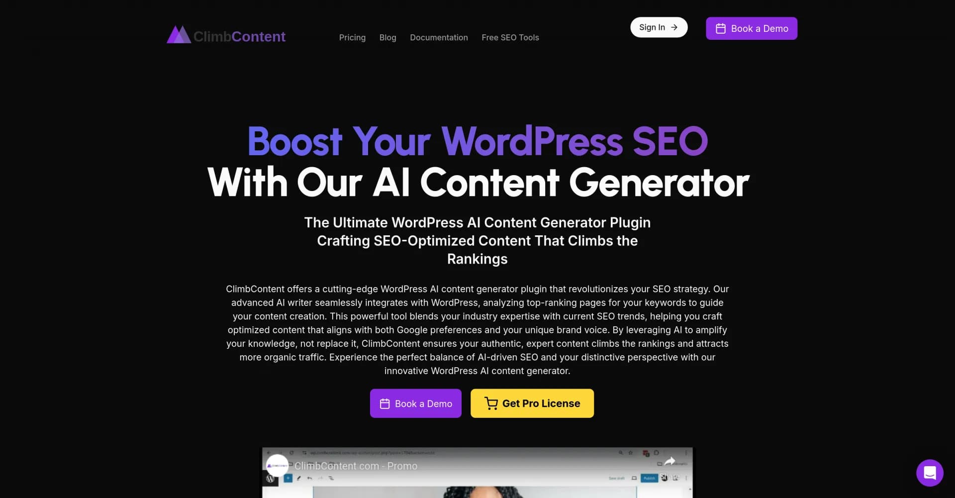ClimbContent homepage screenshot — Boost WordPress SEO with AI-generated content