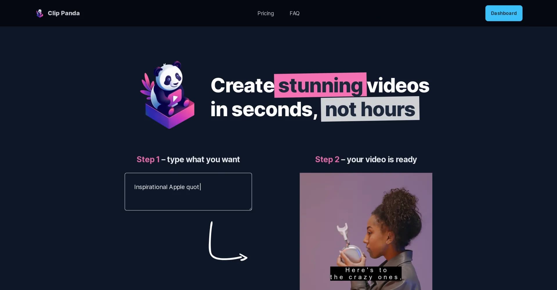 Clip Panda homepage screenshot — Create stunning videos in seconds, not hours.
