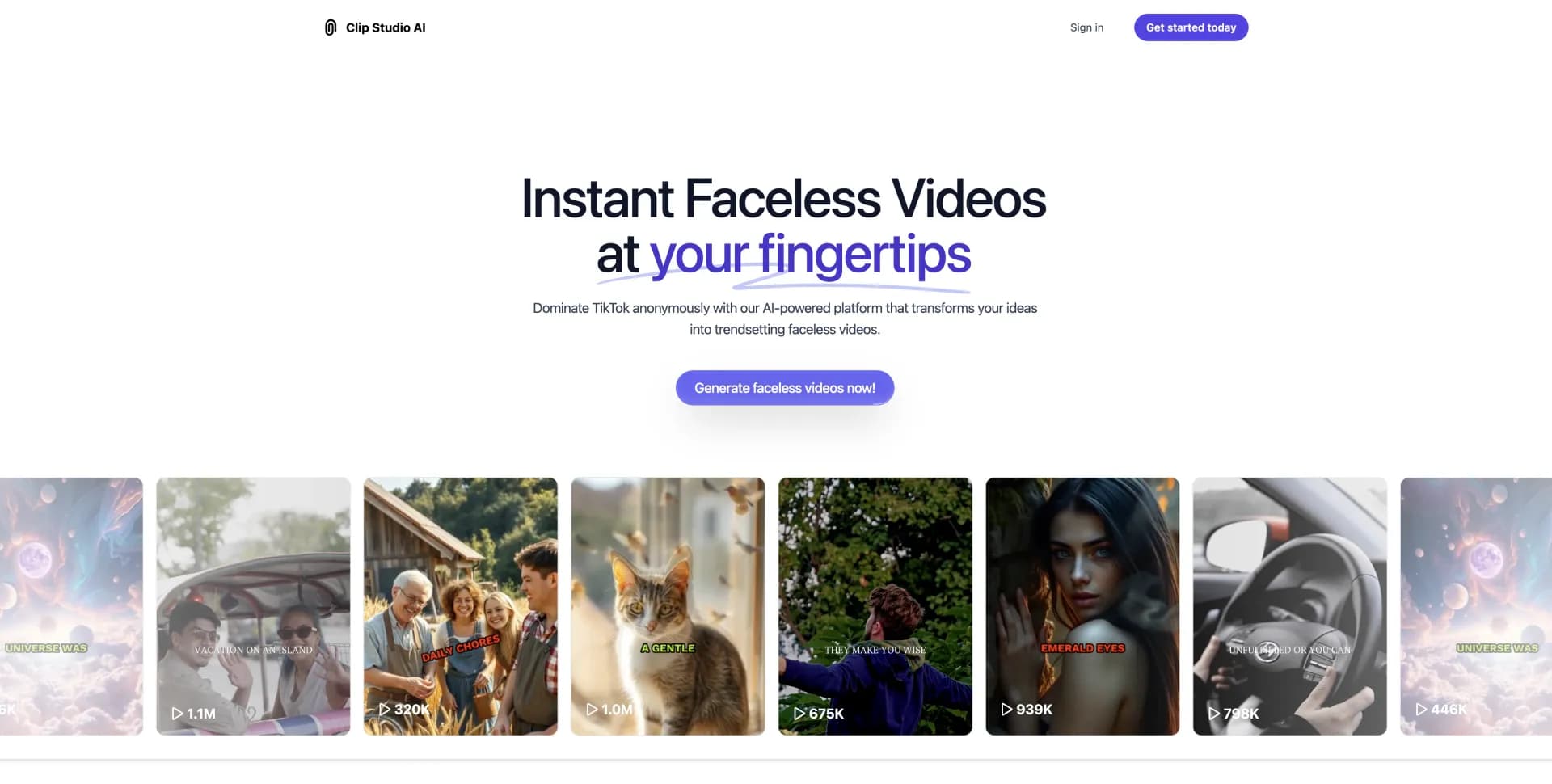 Clip Studio AI homepage screenshot — Generate faceless videos instantly with AI