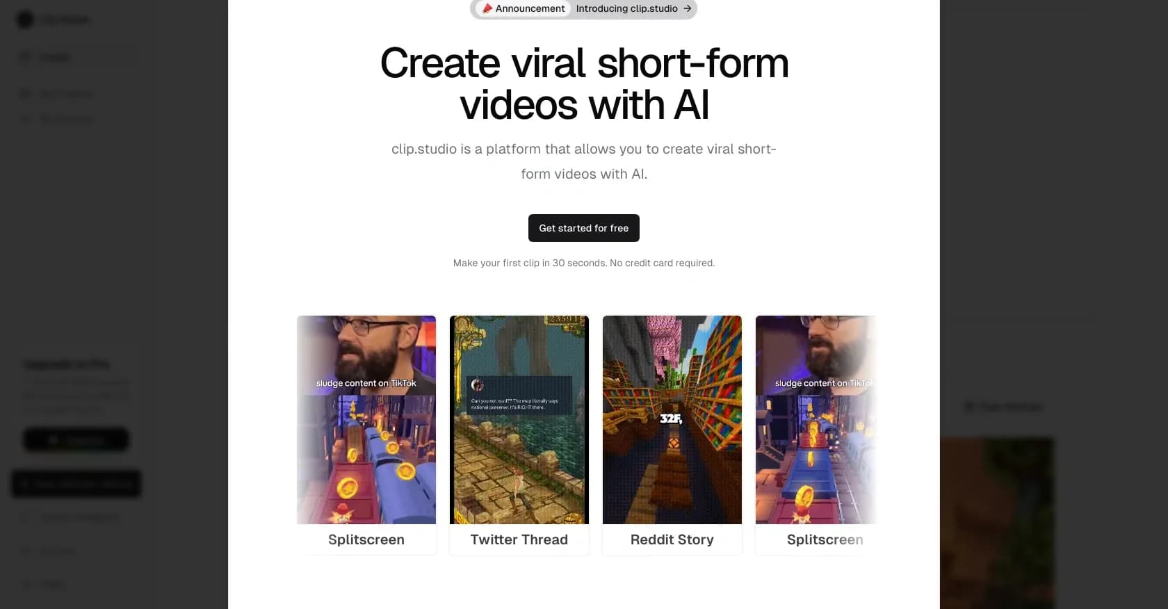 Clip Studio homepage screenshot — Create viral short-form videos with AI