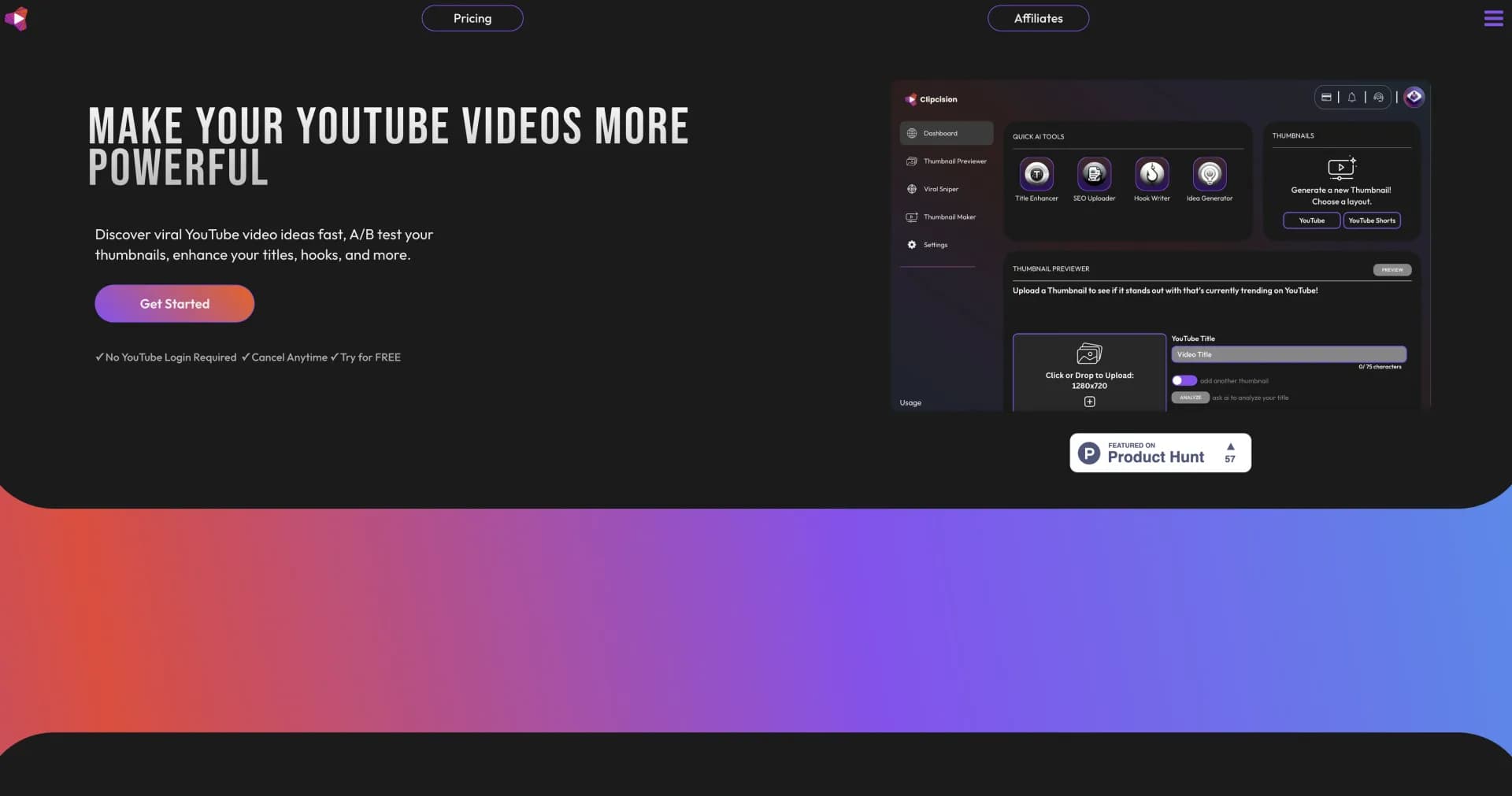 Clipcision homepage screenshot — AI-powered YouTube assistant for optimized content creation