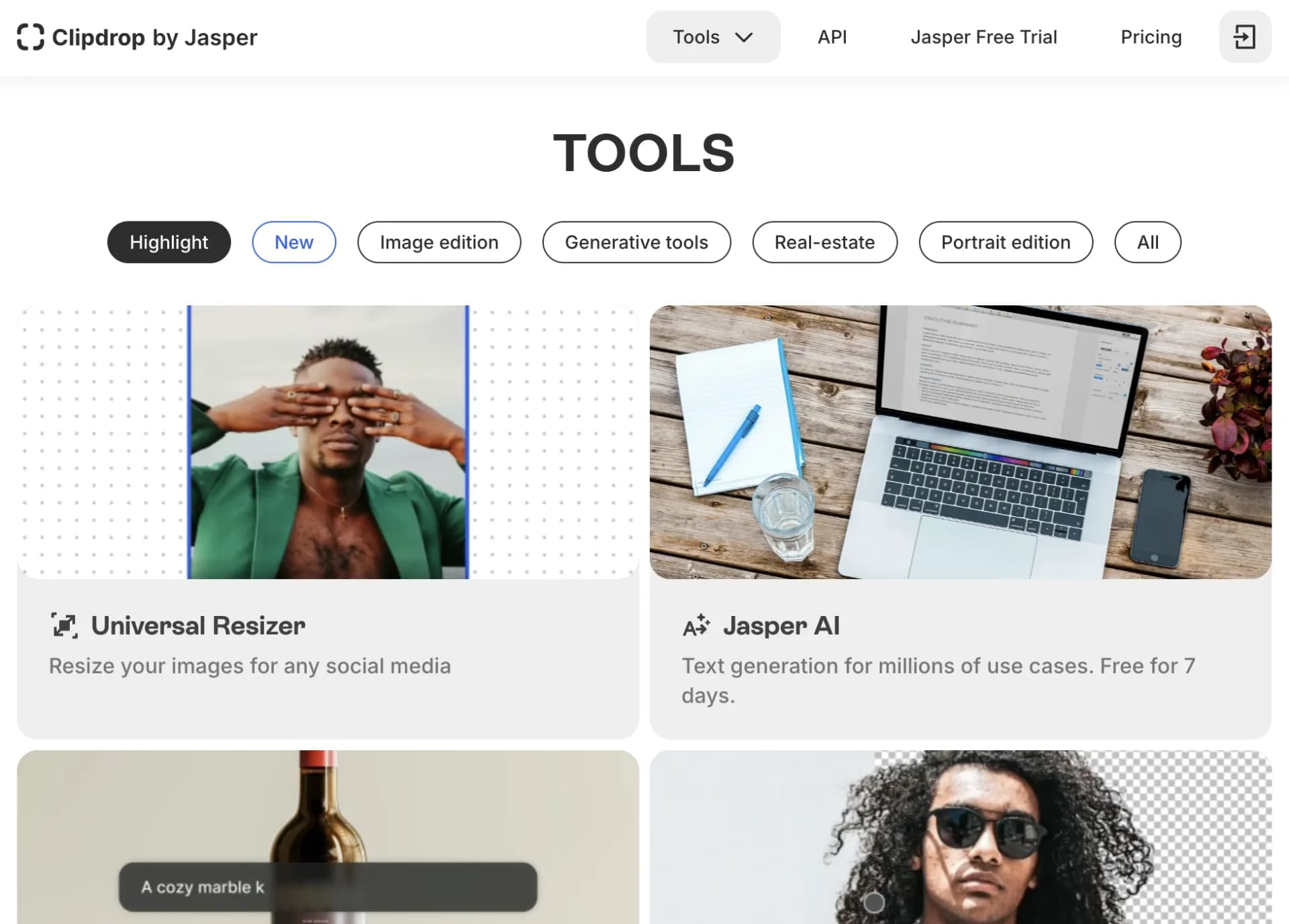 Clipdrop homepage screenshot — Create stunning visuals in seconds with AI