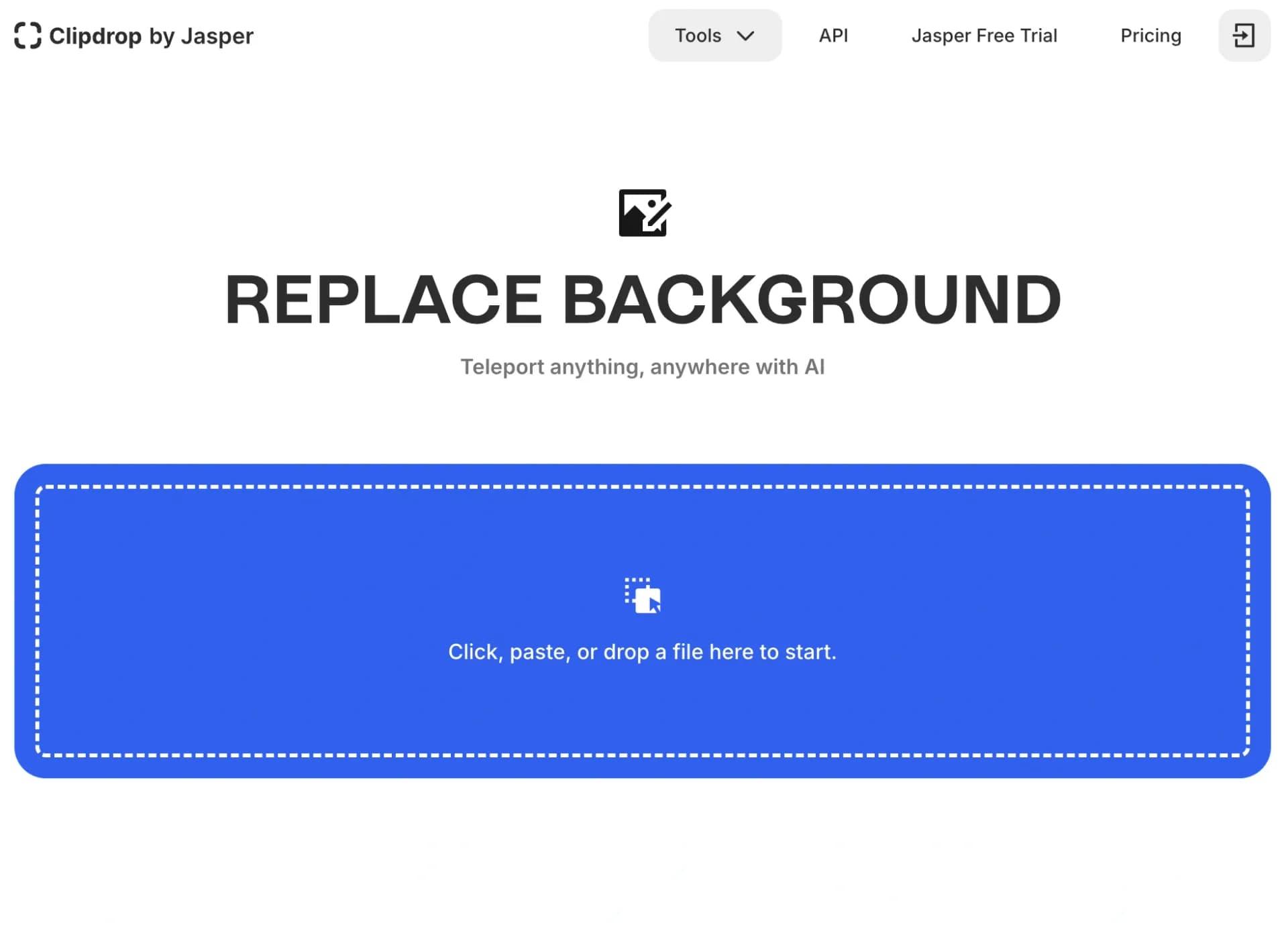 ClipDrop Replace Background homepage screenshot — Teleport anything, anywhere with AI