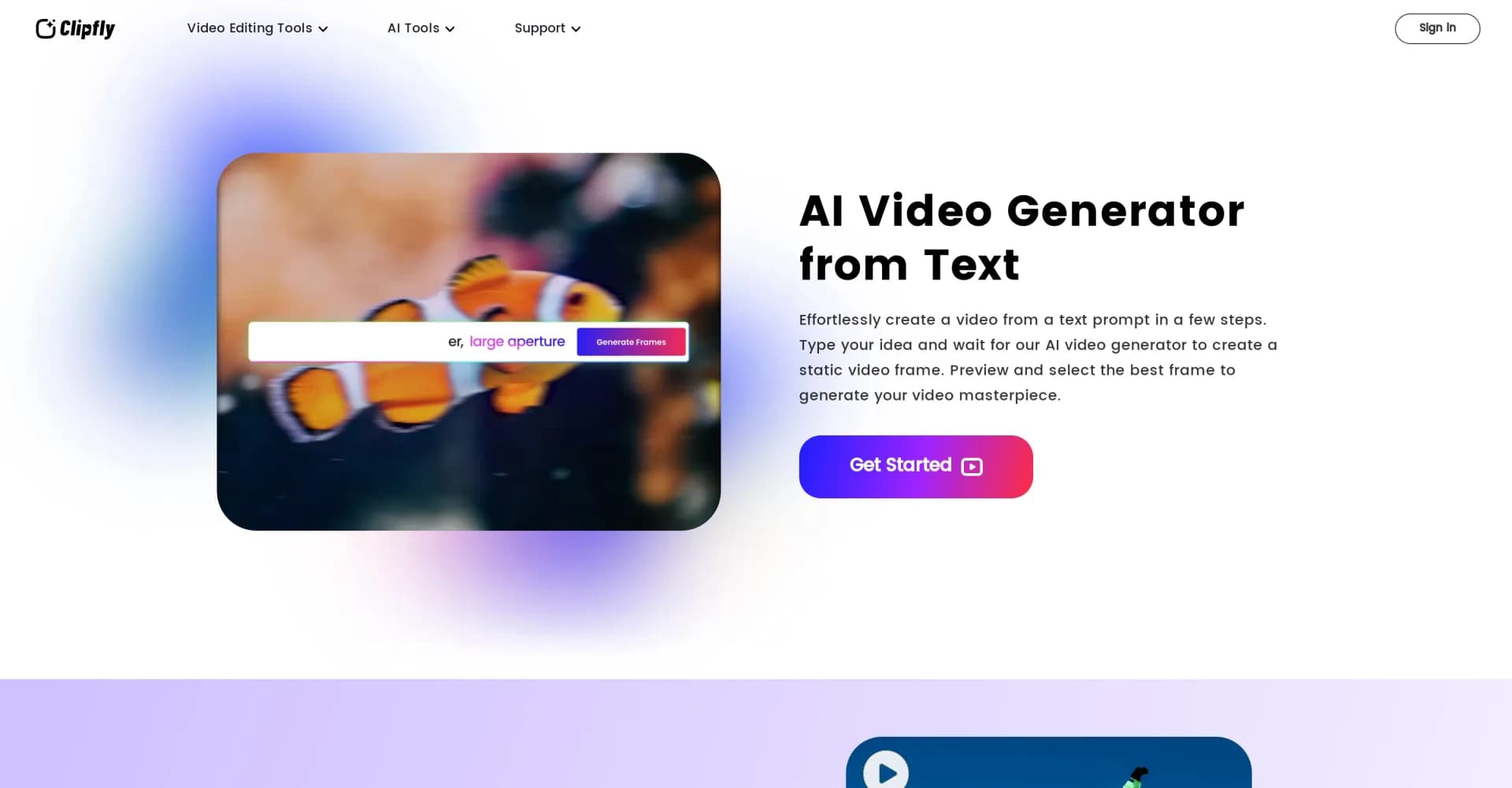 Clipfly AI Video Generator homepage screenshot — Create AI-generated videos from text prompts effortlessly.