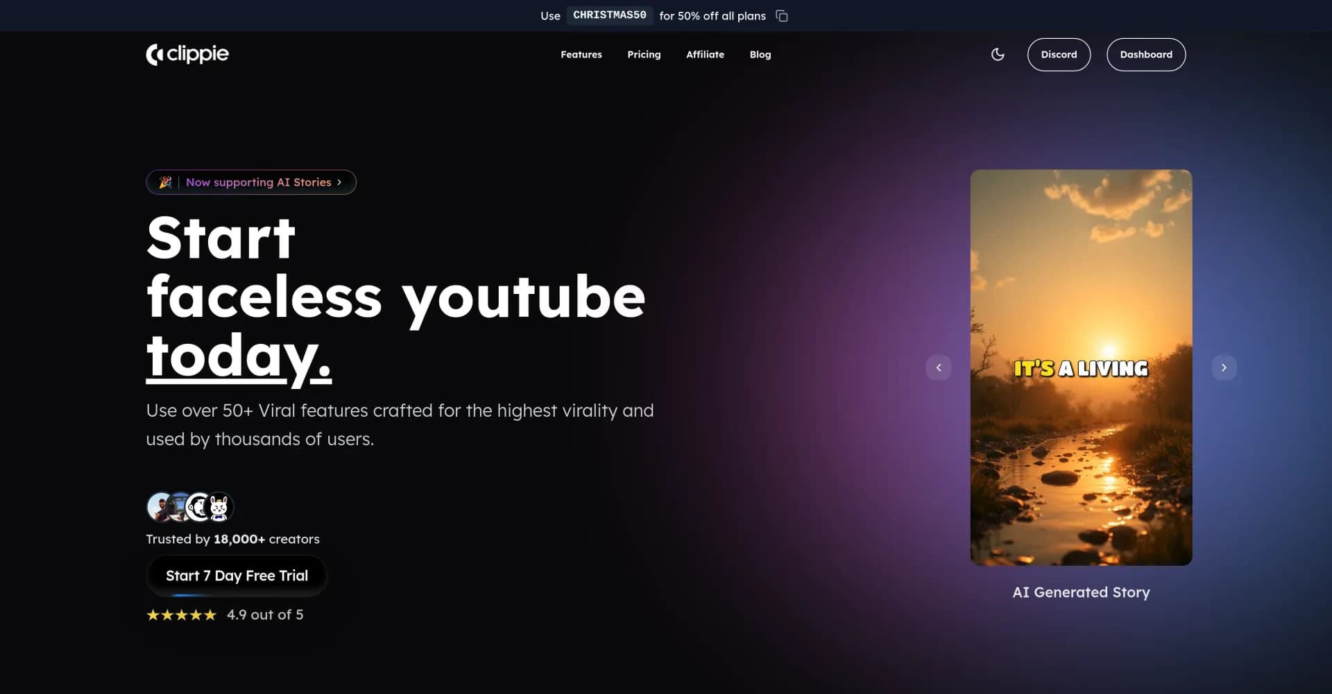 Clippie AI homepage screenshot — Create viral faceless YouTube videos in seconds
