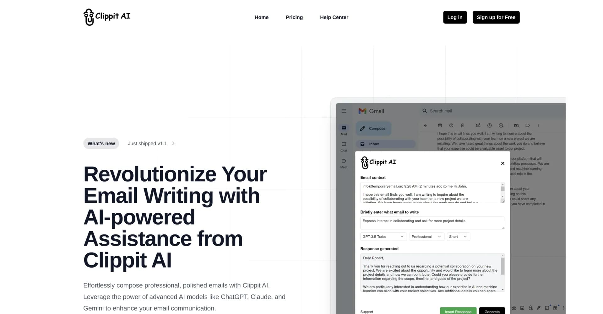 Clippit AI homepage screenshot — Revolutionize email writing with AI assistance.