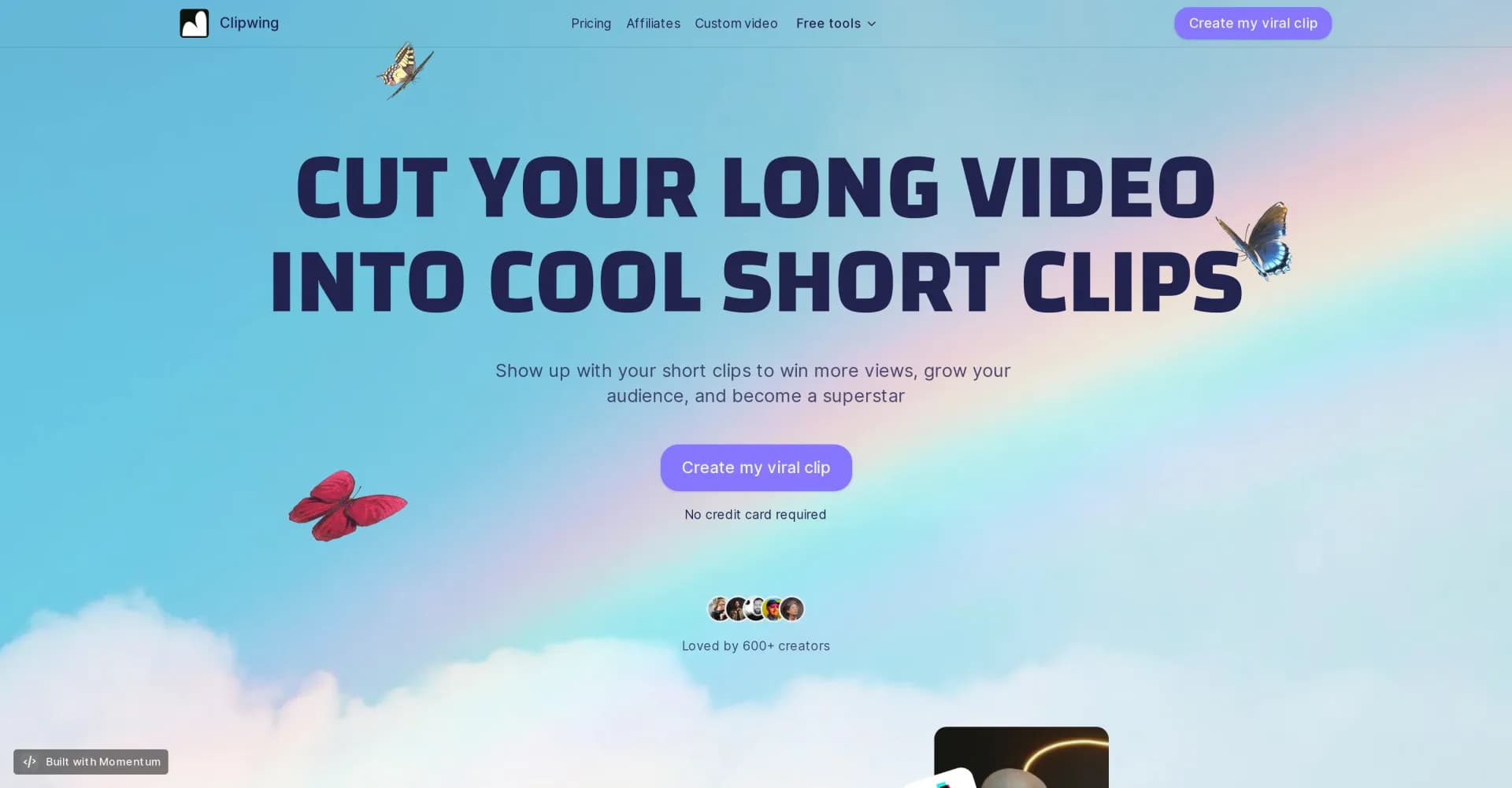Clipwing homepage screenshot — Cut long videos into viral short clips.