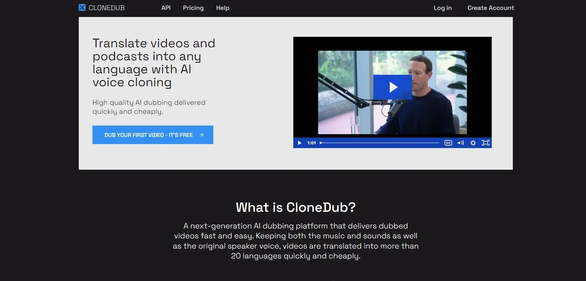 CloneDub homepage screenshot — Convert audio into other languages using the same voices