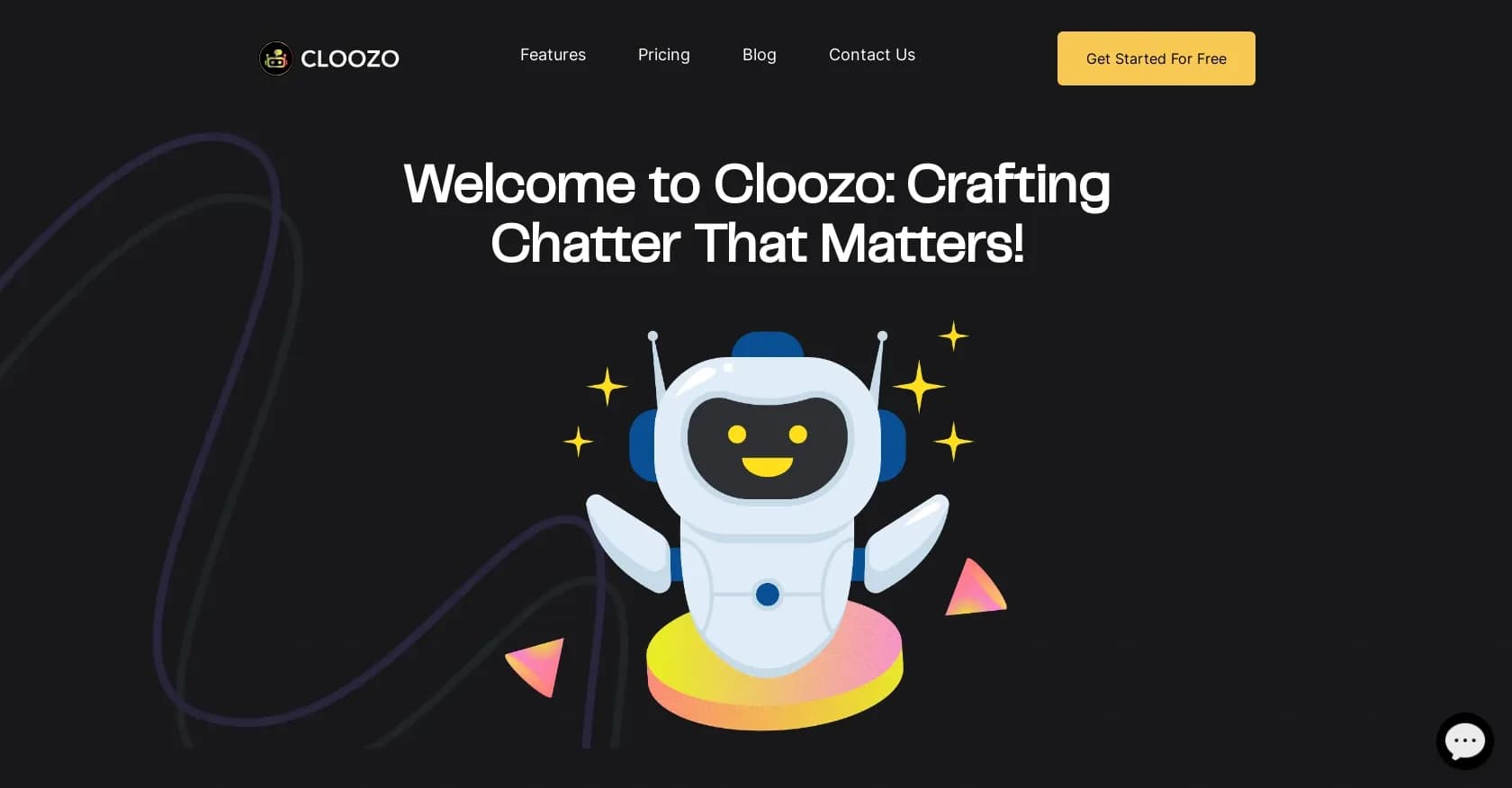 Cloozo homepage screenshot — Create ChatGPT bots for your website in minutes.