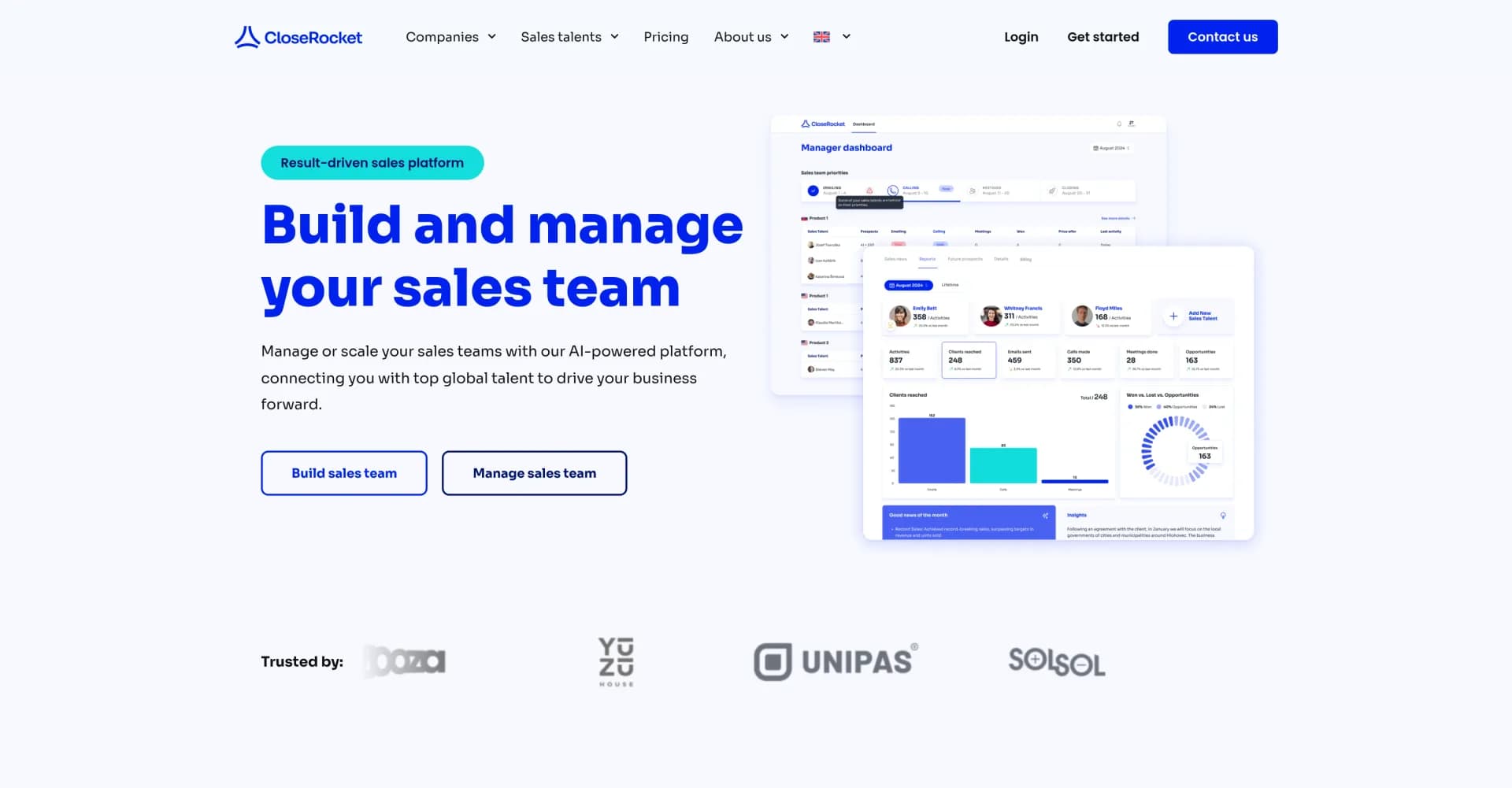 CloseRocket homepage screenshot — Build and manage global B2B sales teams with AI